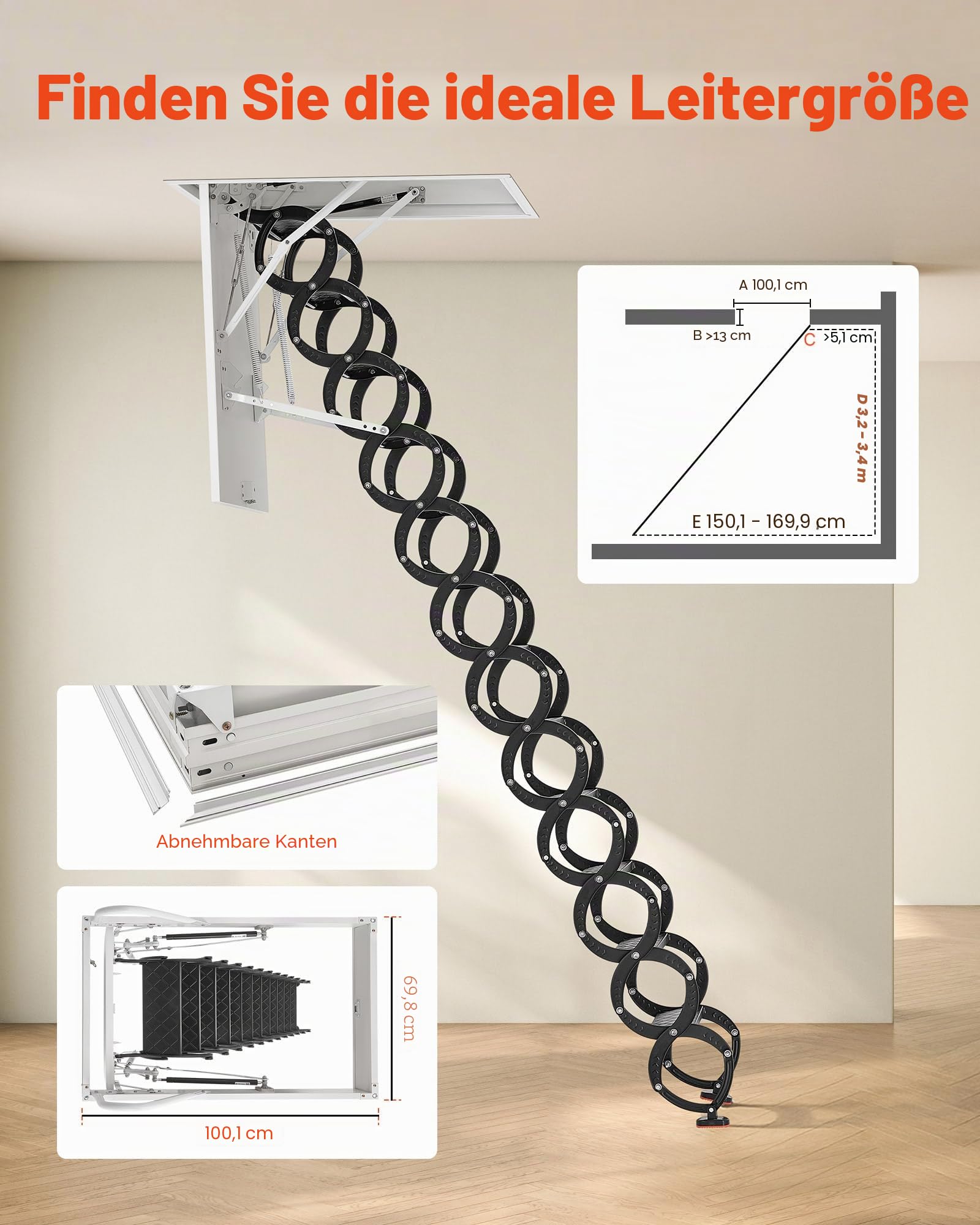 VEVOR Dachbodenleiter, Tragkraft 299,4 kg, passend für Deckenhöhen von 3,2-3,35 m und Öffnungsgröße von 1000,76x698,5 mm, ausziehbare Deckentreppe aus legiertem Stahl mit Zugstange für Dachboden