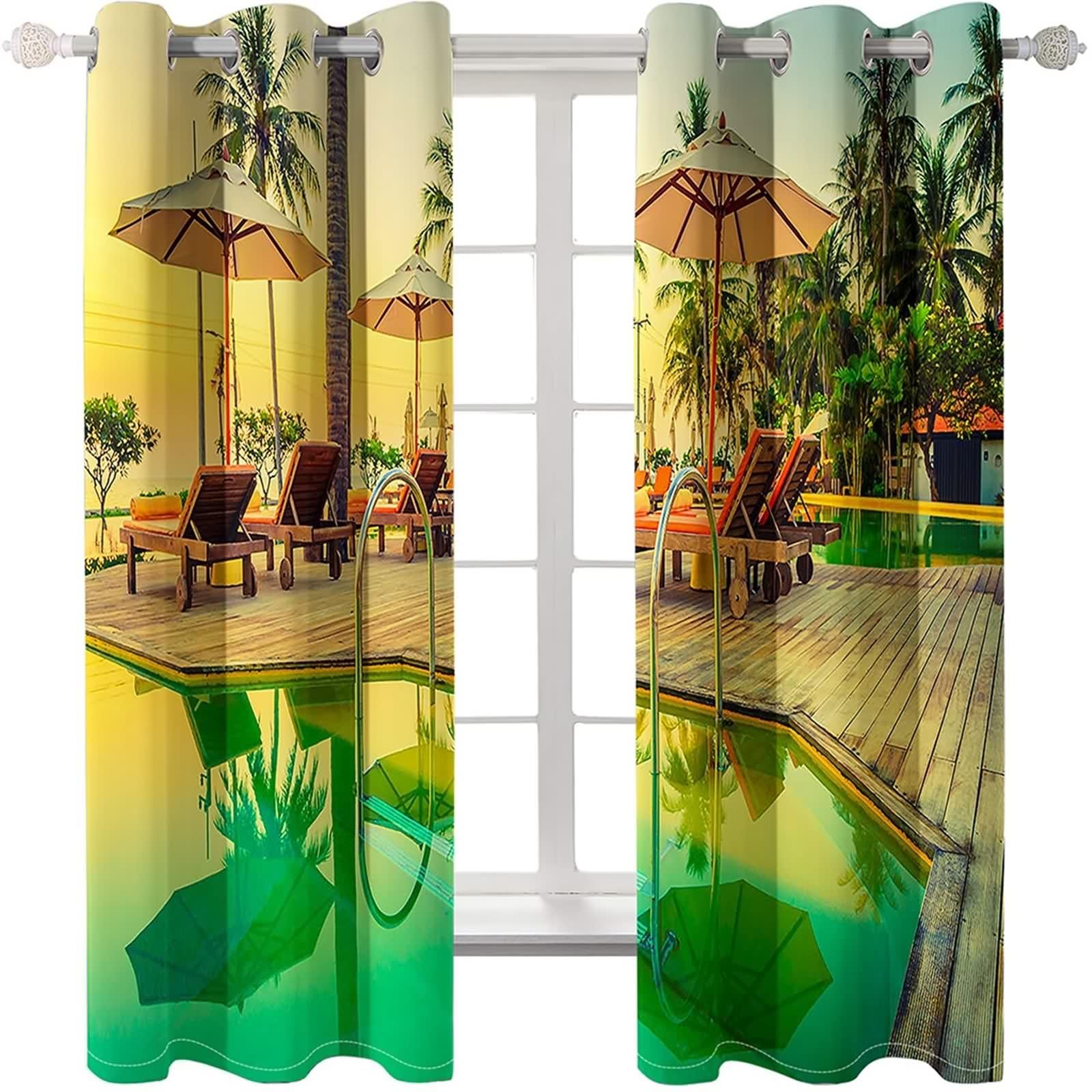 Zasłona okienna do sypialni, żółta zielona zasłona zaciemniająca do domu wakacyjnego i basenowego 132L x 229H CM Zestaw 2 szt