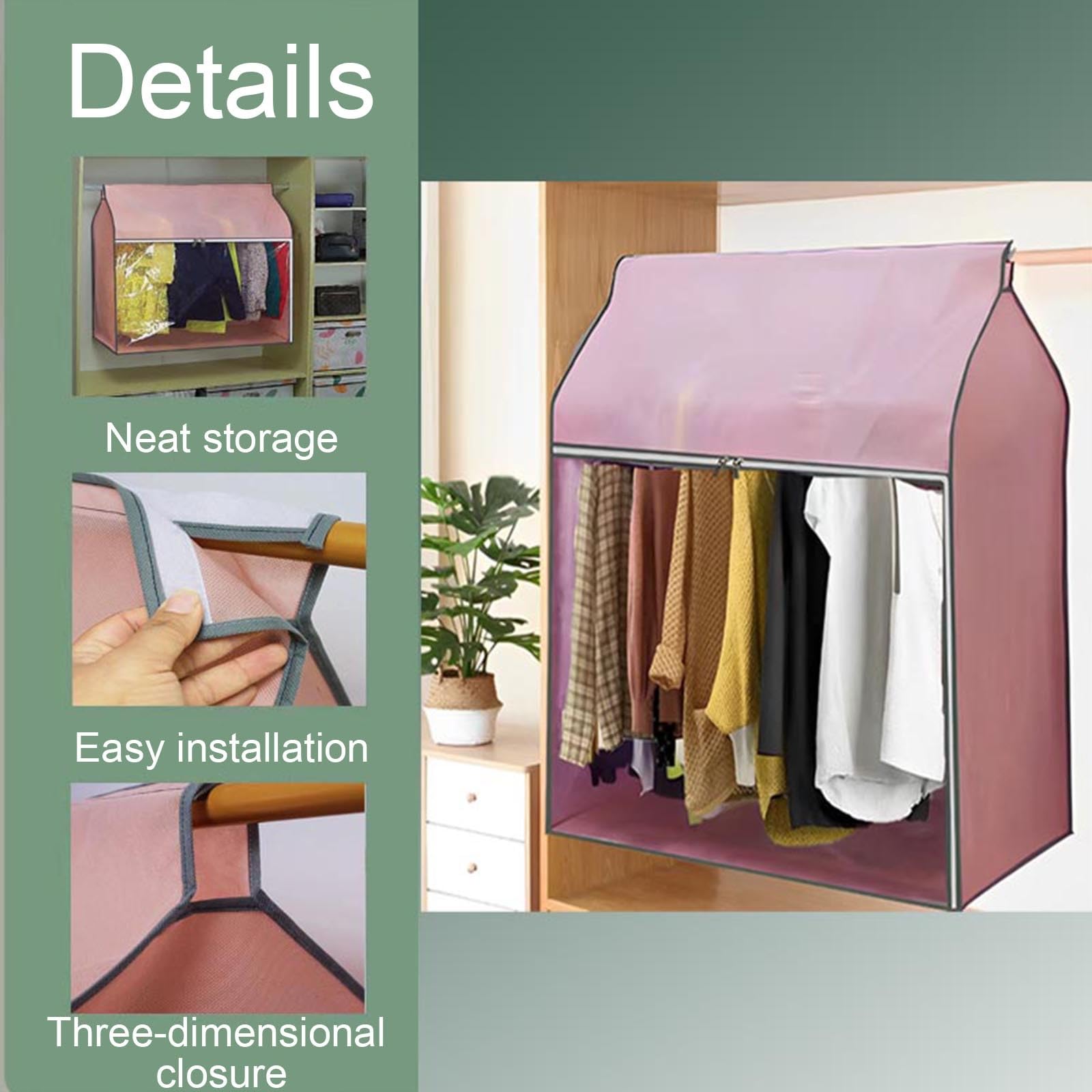 Fundas para armario, protección contra el polvo, material no tejido, ventana de PVC transparente, apertura de cremallera de 3 lados, 80 x 50 x 90 cm (rosa), juego de 2