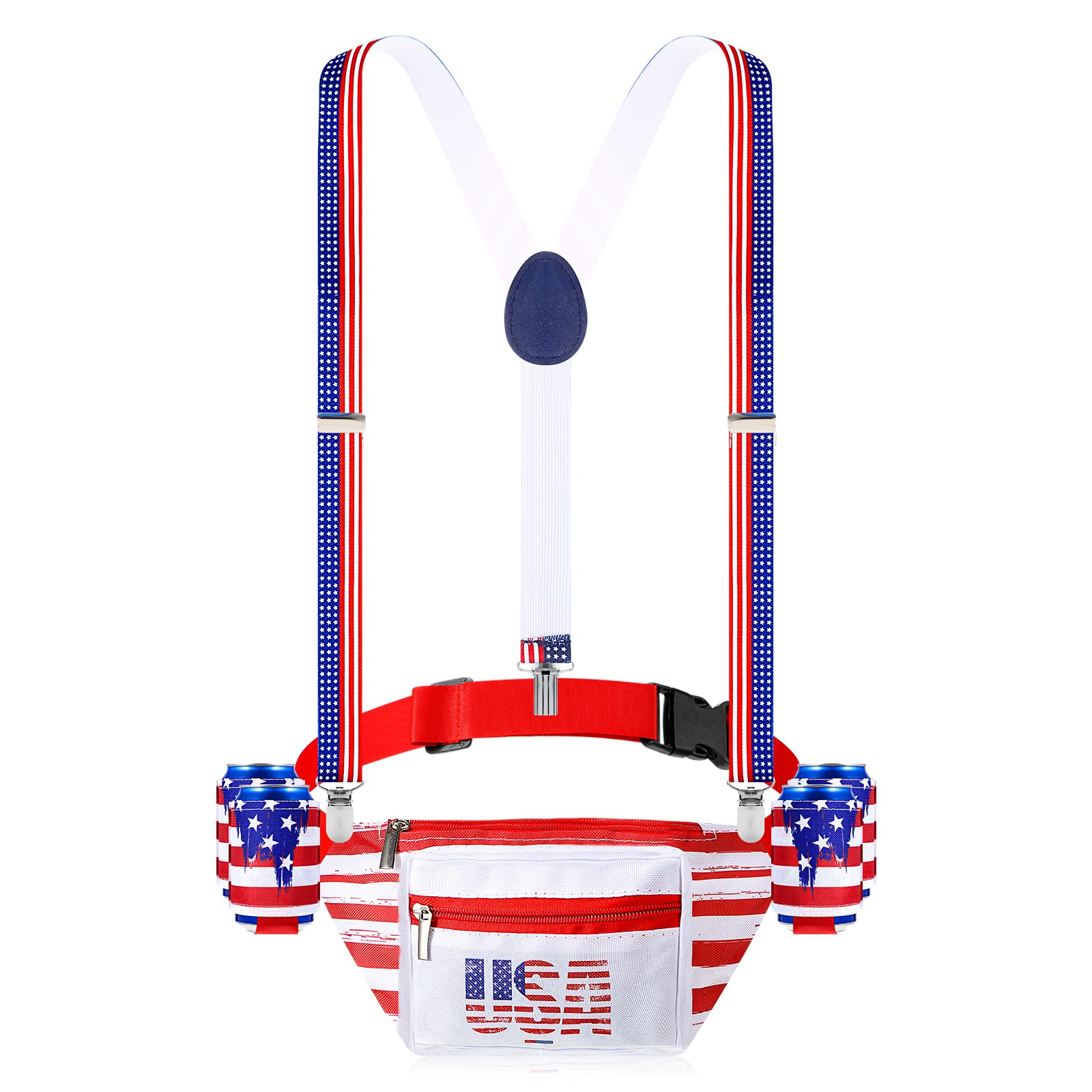 Veterans Day Fanny Packs Patriotic 4th of July Beverage Beer Belt Set USA Fanny Pack Bag with Suspenders Drink Holder for Memorial National Day(