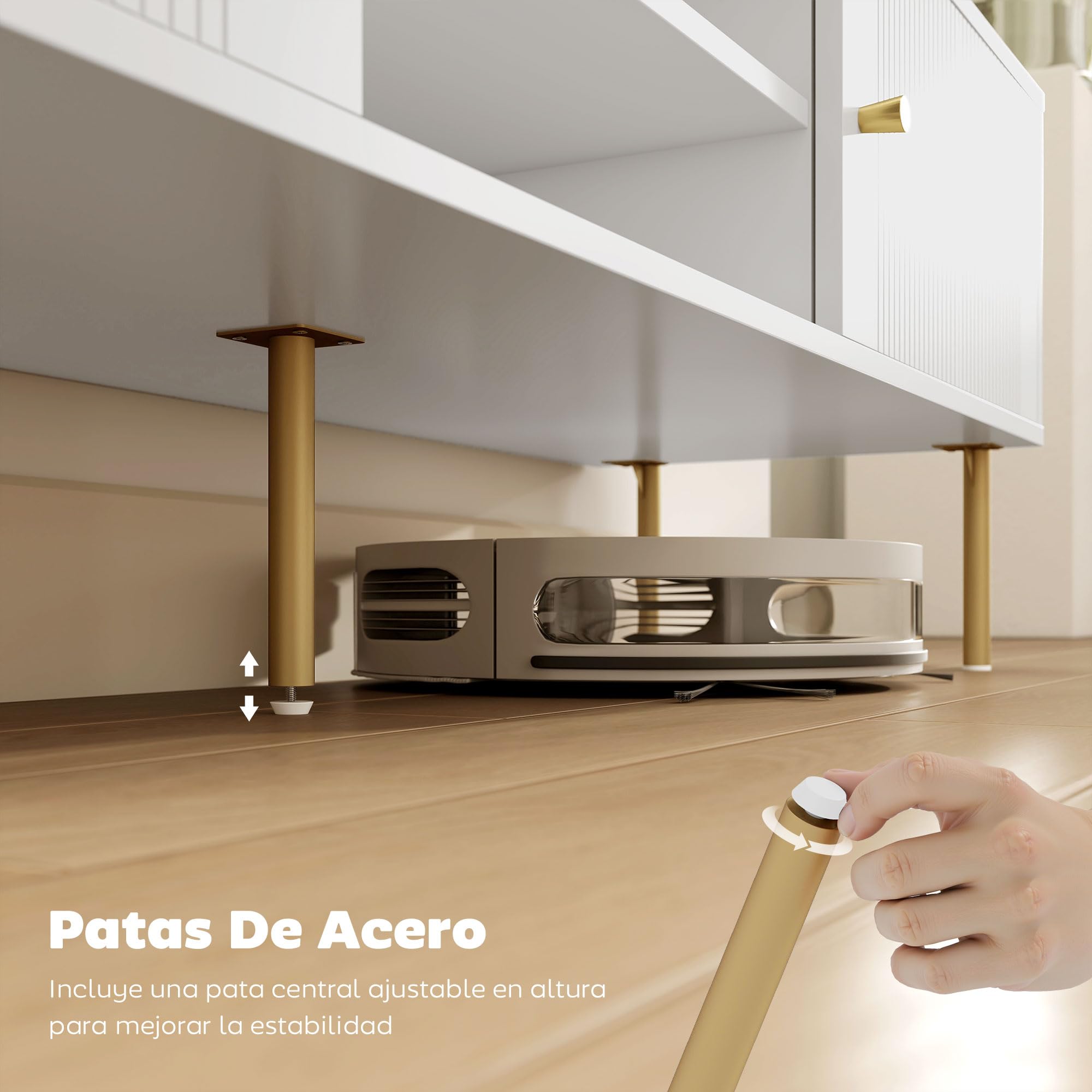 HOMCOM Mueble de TV Moderno de 2 Puertas, Mesa TV para Salón con 2 Estantes Abiertos Ajustables, Orificios Pasacables, Patas de Acero, para Televisión 65 Pulgadas, 140x38x45,9 cm, Blanco