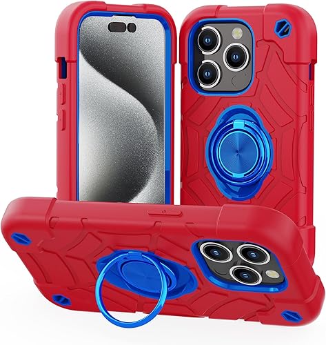 Miniatura 8 de Funda compatible con iPhone 15 Pro con 2 protectores de pantalla soporte de anillo Funda resistente para teléfono de 6.1 pulgadas (rojo y azul)