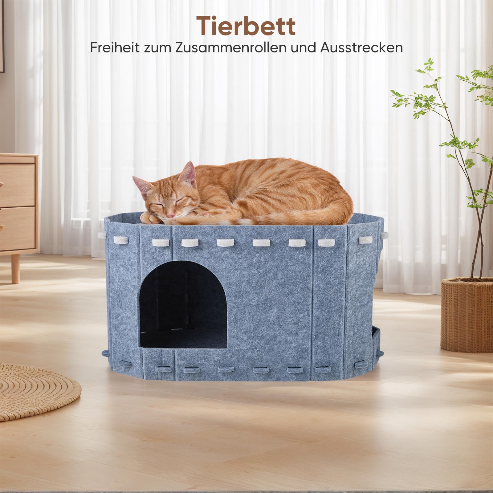 Filz Katzenhöhle Zweistöckig, Abnehmbare Waschbare Katzenhaus mit Doppelseitiger Matte, 58x33x30cm Kratzfest Katzenbett für Indoor Katzen, Vierjahreszeiten Geeignet