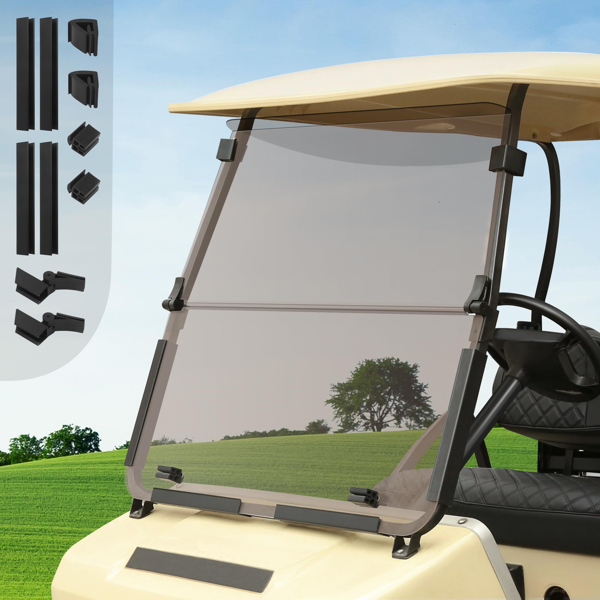 10L0L Golf Cart Windshield for Club Car DS Gas or Electric (2000-UP Models), Shatterproof and Foldable- Tinted