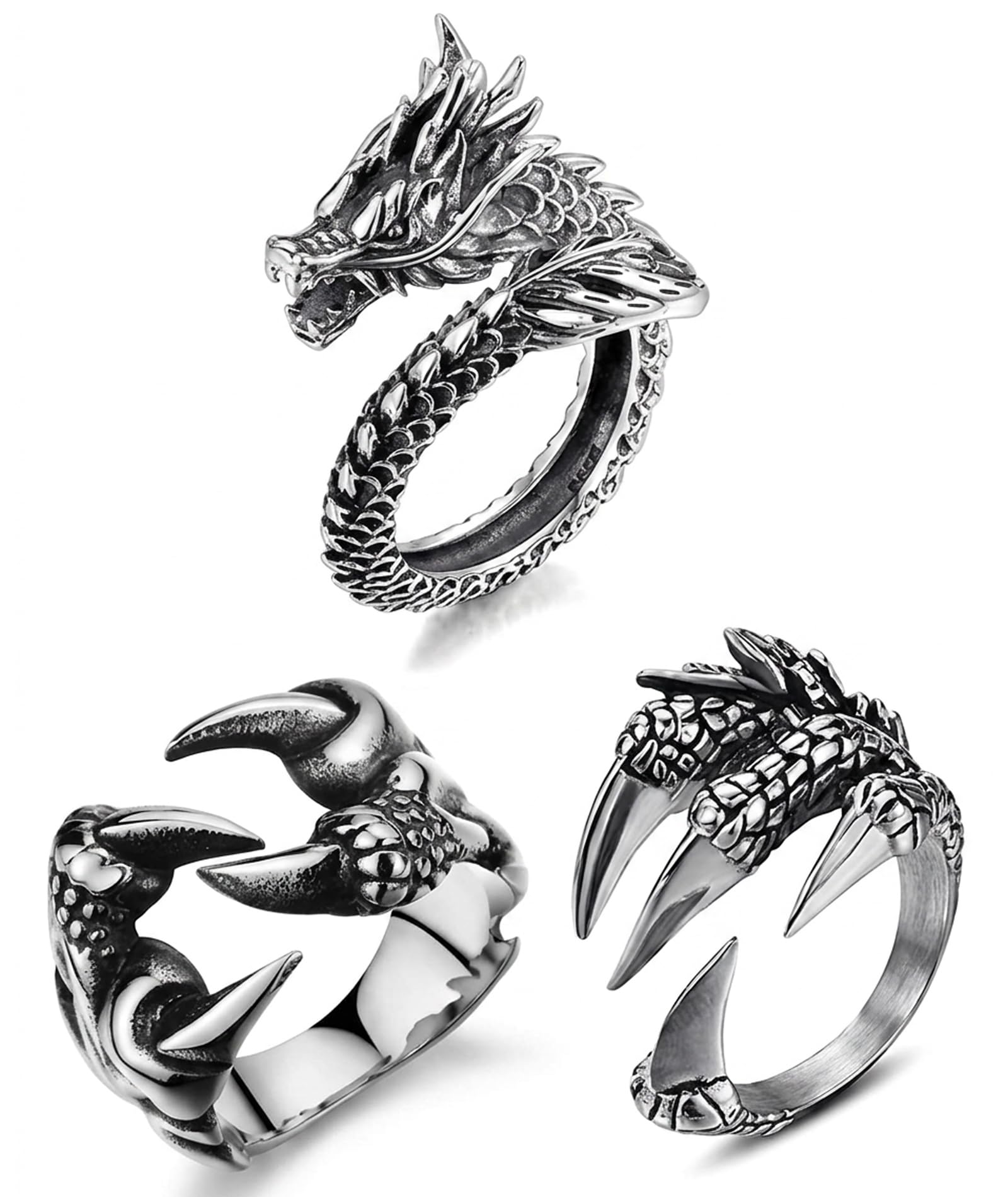 figurine 3 Pcs Ring Set for Men, Black Ring for Men with Dragon Scale and Eagle Claw Design, Adjustable Rings for Social Gatherings, Set Including Dragon Scale-picture-20