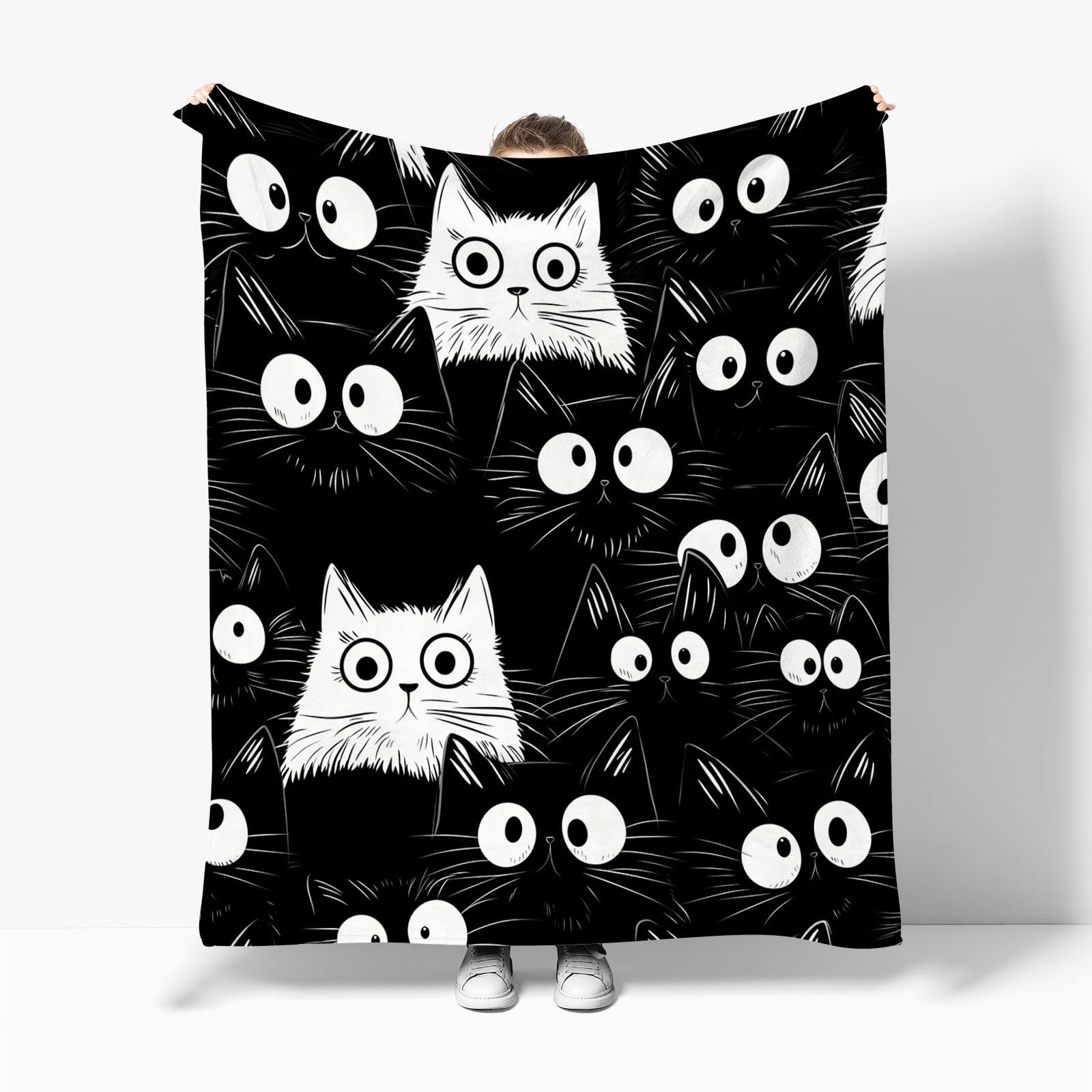 Negro Manta Franela Gato Abstracto de Dibujos Animados Extra Suave Acogedora y Cálida Manta 150x200 cm Cubierta de Cama Mantas de Sofa Cama para Adultos y Niños Viajar Camping
