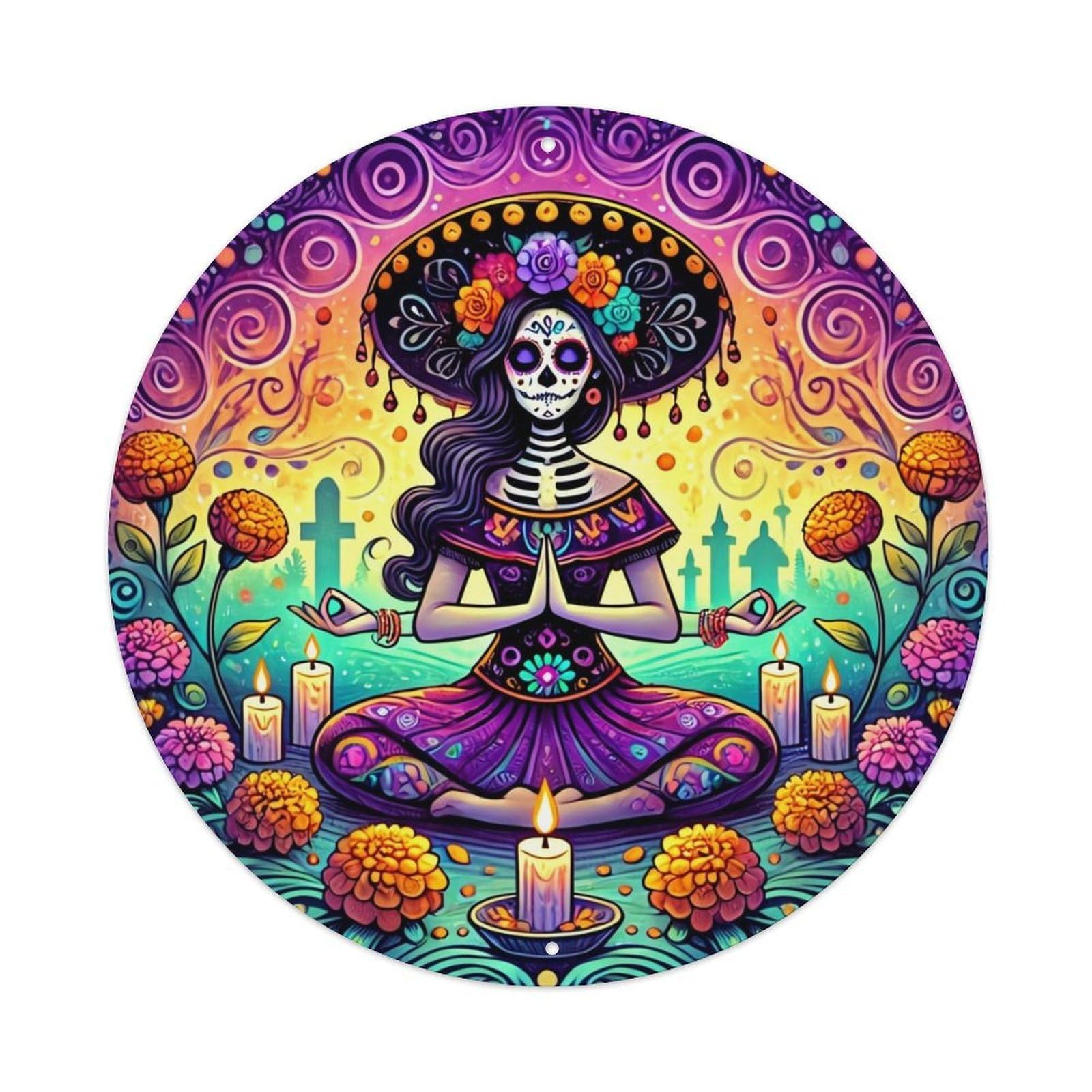 Day Of The Dead Art Retro Metal Sign Round Tin Sign, Vintage Decor Art Poster for Bar, Home, Man Cave, Kitchen, Laundry Room Gift 8x8Inch