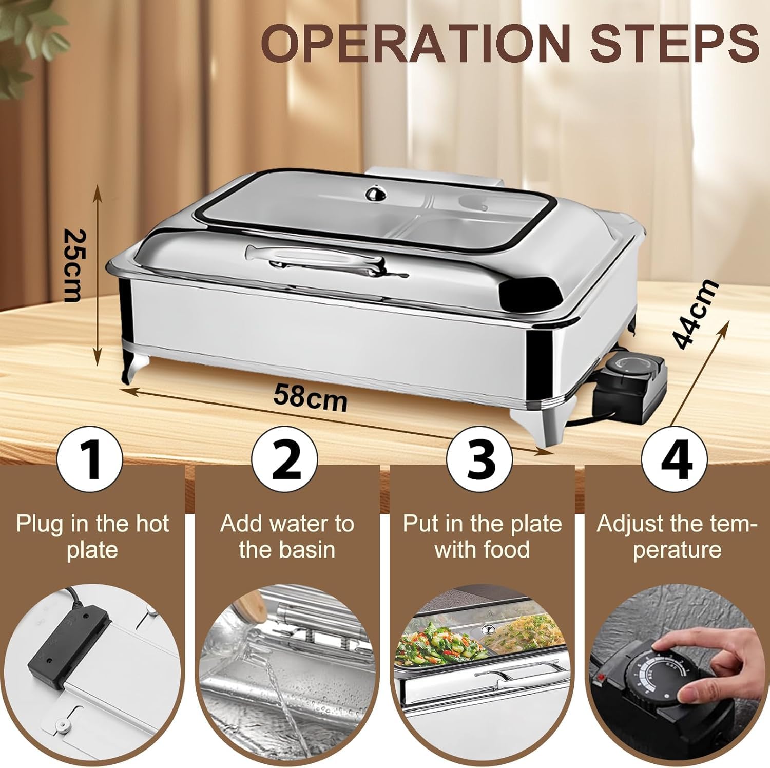 Scaldavivande Buffet Elettrico 9L Professionale Acciaio Inox (1) | Chafing Dish Elettrico con Temperatura Regolabile 35-90℃, Vassoio Riscaldante per Alimenti, per Hotel Ristoranti e Catering