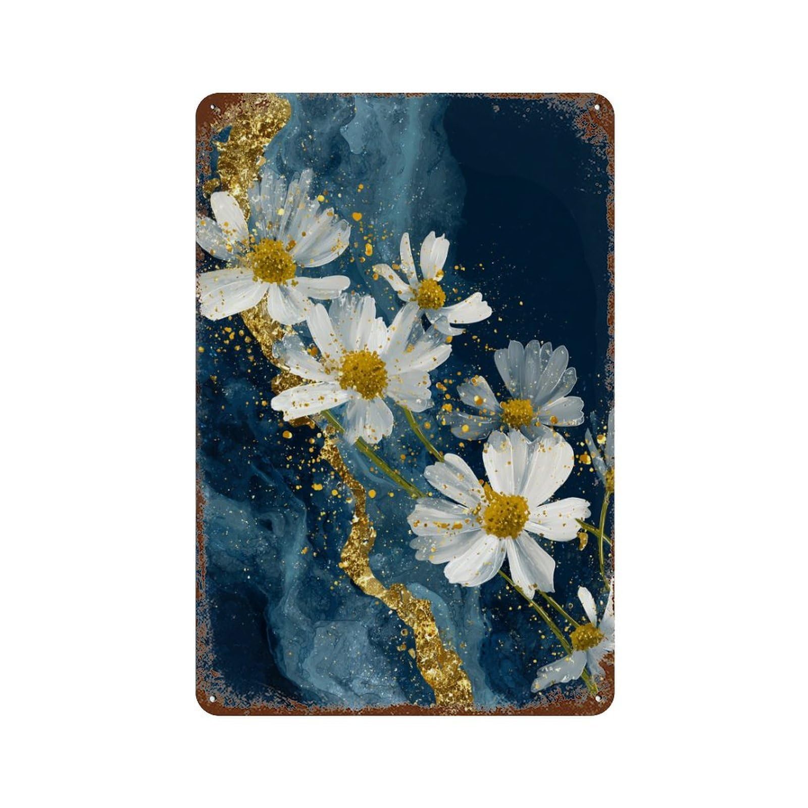 Chic Daisy Floral Art Print Rust Effect Tin Sign 11.8"x7.9", Farmhouse Wall Decor for Living Room, Hallway And Home Decor