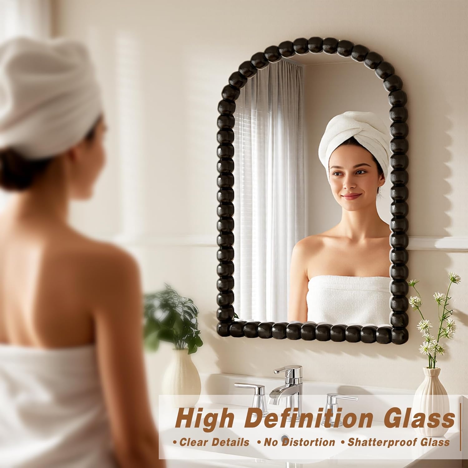 22"×30" Black Arched Bathroom Vanity Mirror, Vintage Beaded Decorative Wall Mounted Makeup Mirror, as Wall Decor Hanging Leaning for Fireplace Mantle, Living Room, Bedroom, Vanity Area