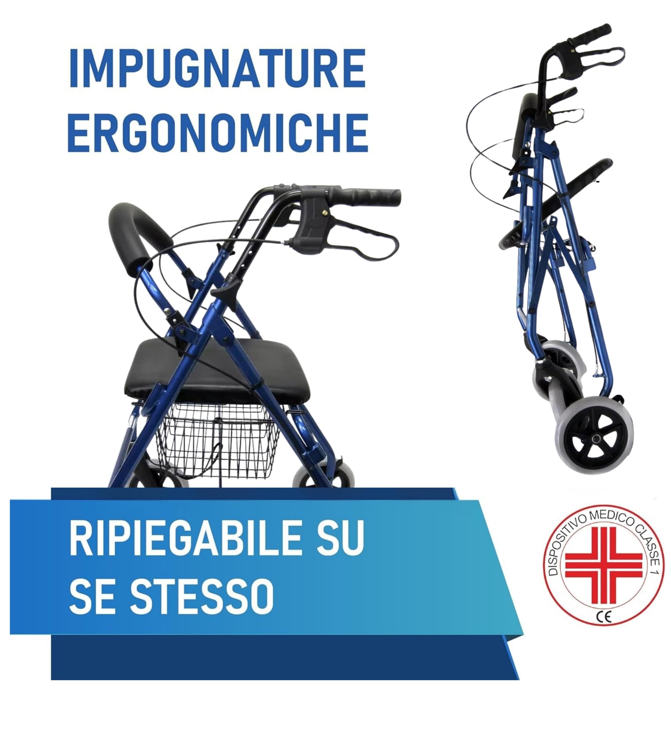 App Life Deambulatore per Anziani Leggero Pieghevole in Acciaio - Dispositivo Medico di Classe I - Regolazione Altezza - Sedile Imbottito Blu