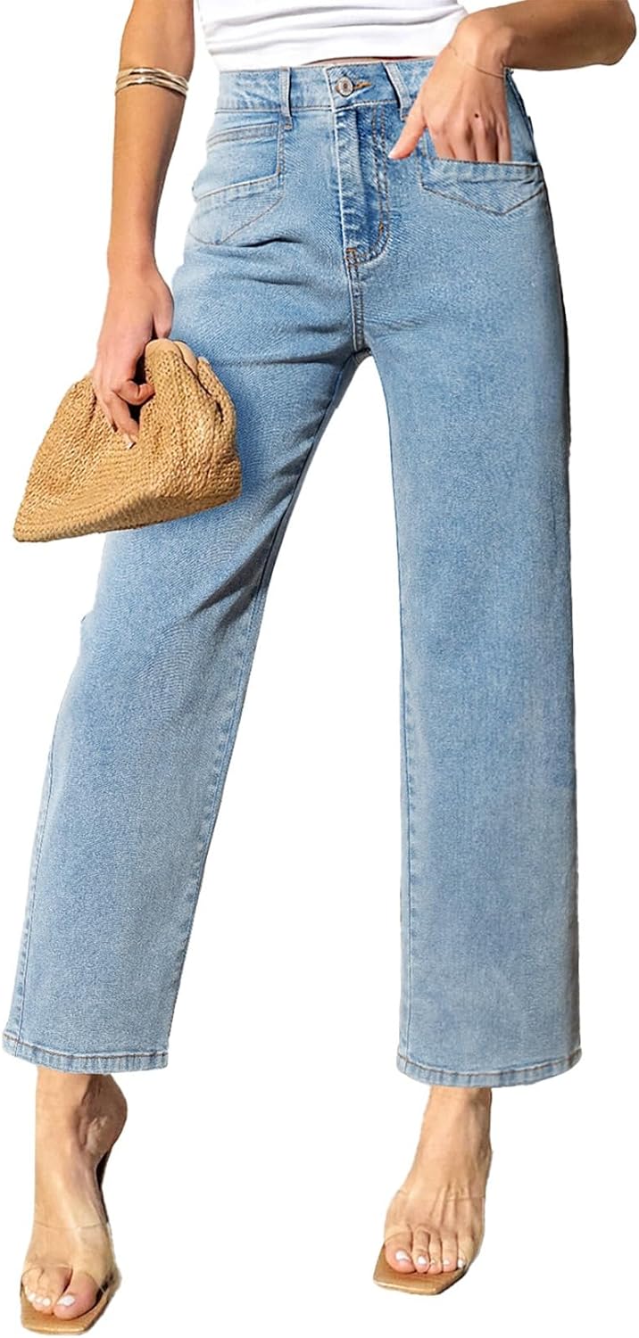 Sidefeel Women's Straight Leg Jeans High Waisted Stretchy Jeans Zimbaplatinum Wide Leg Ankle Denim Pants with Pockets