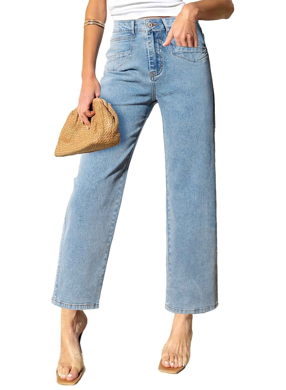 Sidefeel Women's Straight Leg Jeans High Waisted Stretchy Jeans Zimbaplatinum Wide Leg Ankle Denim Pants with Pockets Jeans · Regular