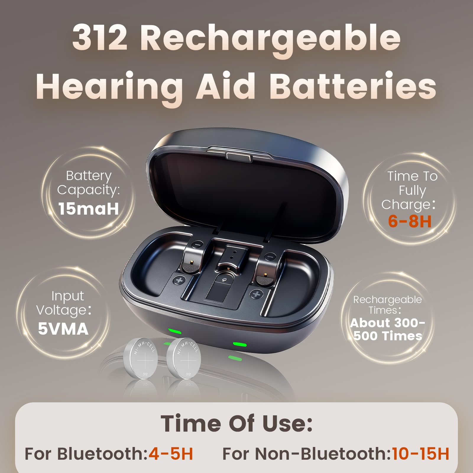 Stazione di ricarica per apparecchi acustici con 4 batterie ricaricabili 312 di lunga durata, batteria ricaricabile 312 e custodia da viaggio per anziani