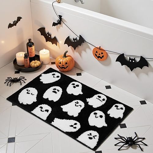 Miniatura 8 de Alfombra de baño de Halloween, espeluznante alfombra de baño de fantasma blanco y negro para decoración de baño de Halloween, antideslizante,