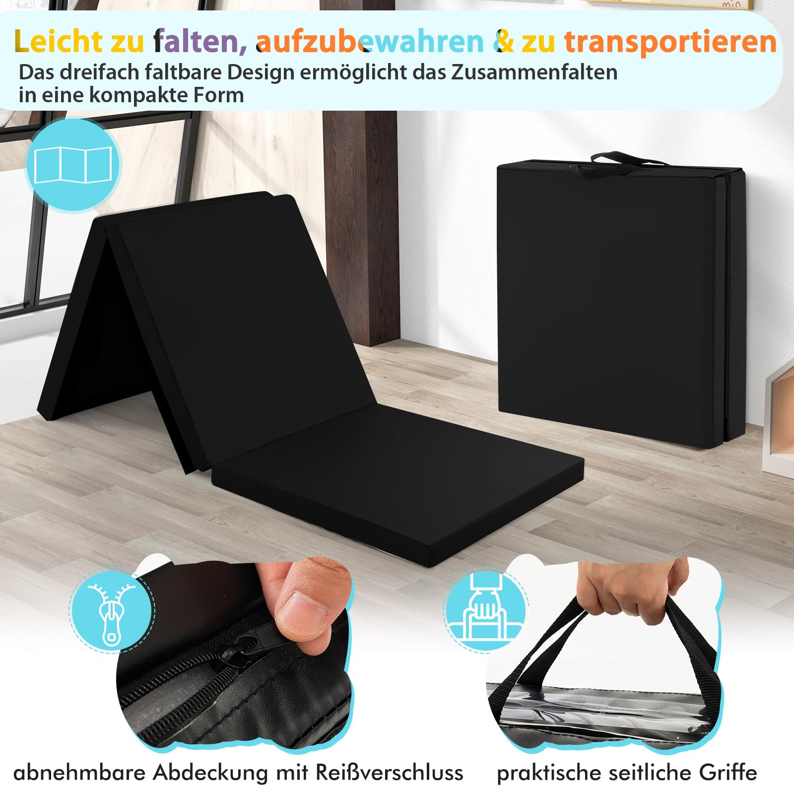 GYMAX Esterilla de Gimnasia 180 x 60 x 5 cm, Colchoneta Plegable Gimnasia con Cierre de Velcro y Asas de Transporte, Esterilla para Gimnasia, Yoga y Ejercicio Deportiva