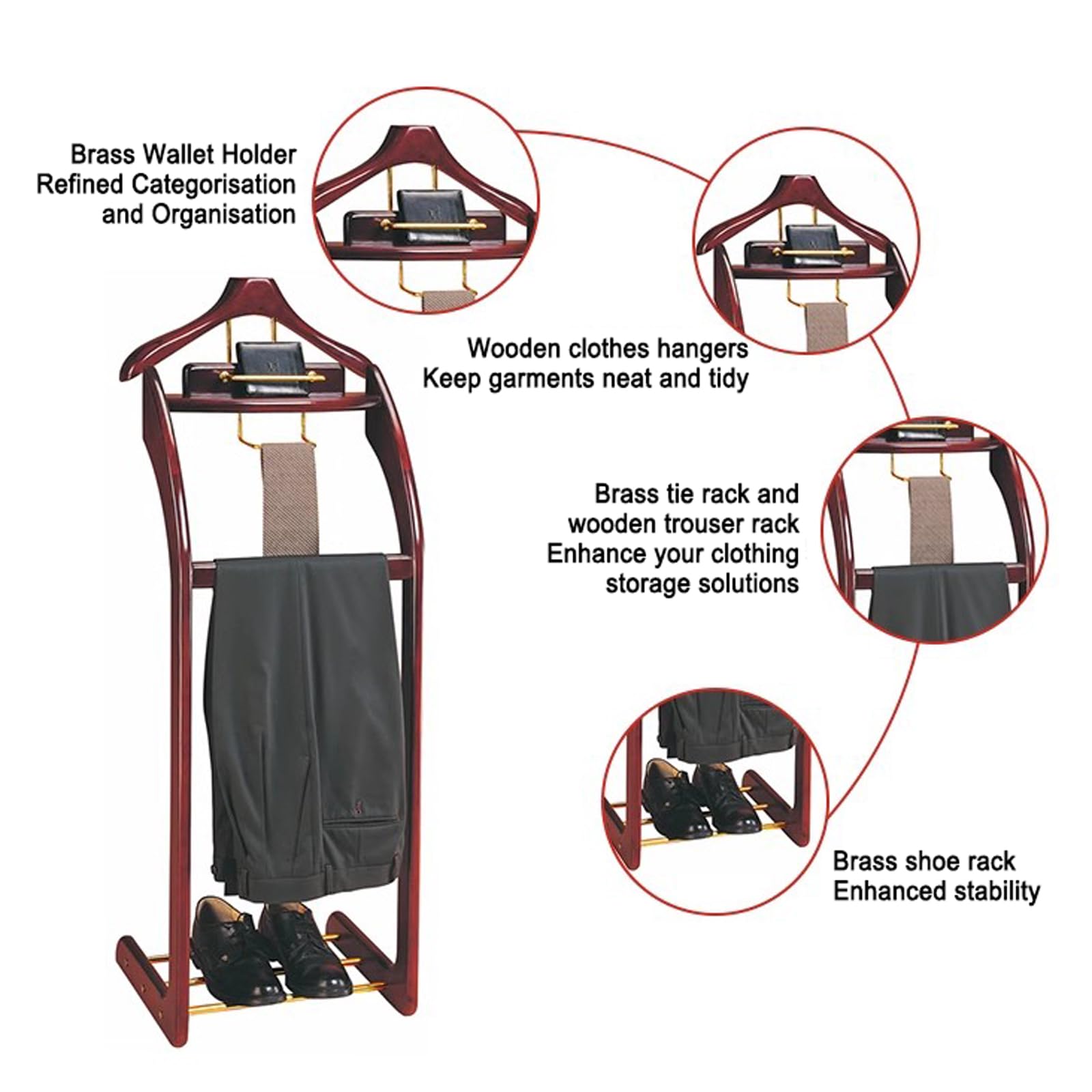 Ele Wardrobe Nizer - Appendiabiti in legno con base, per ufficio e soggiorno, include barra per pantaloni e fermacravatta, da uomo