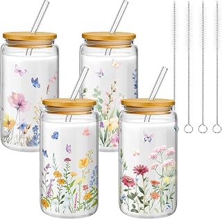 Mumufy 4 Pack Wildflower Glass Cups with Lids and Straws 16 oz Coffee Cups