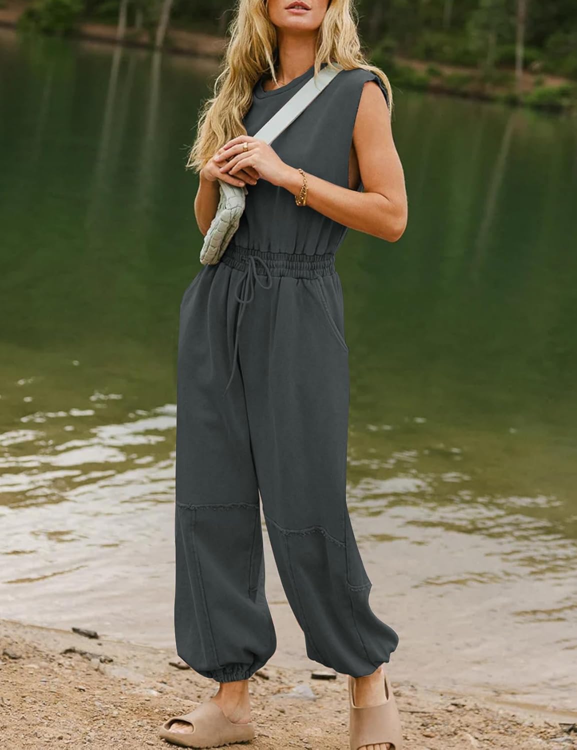 Flygo Womens Casual Jumpsuit Crewneck Cap Sleeve Long Wide Leg Pants One Piece Outfits Drawstring Romper with Pockets - Image 2