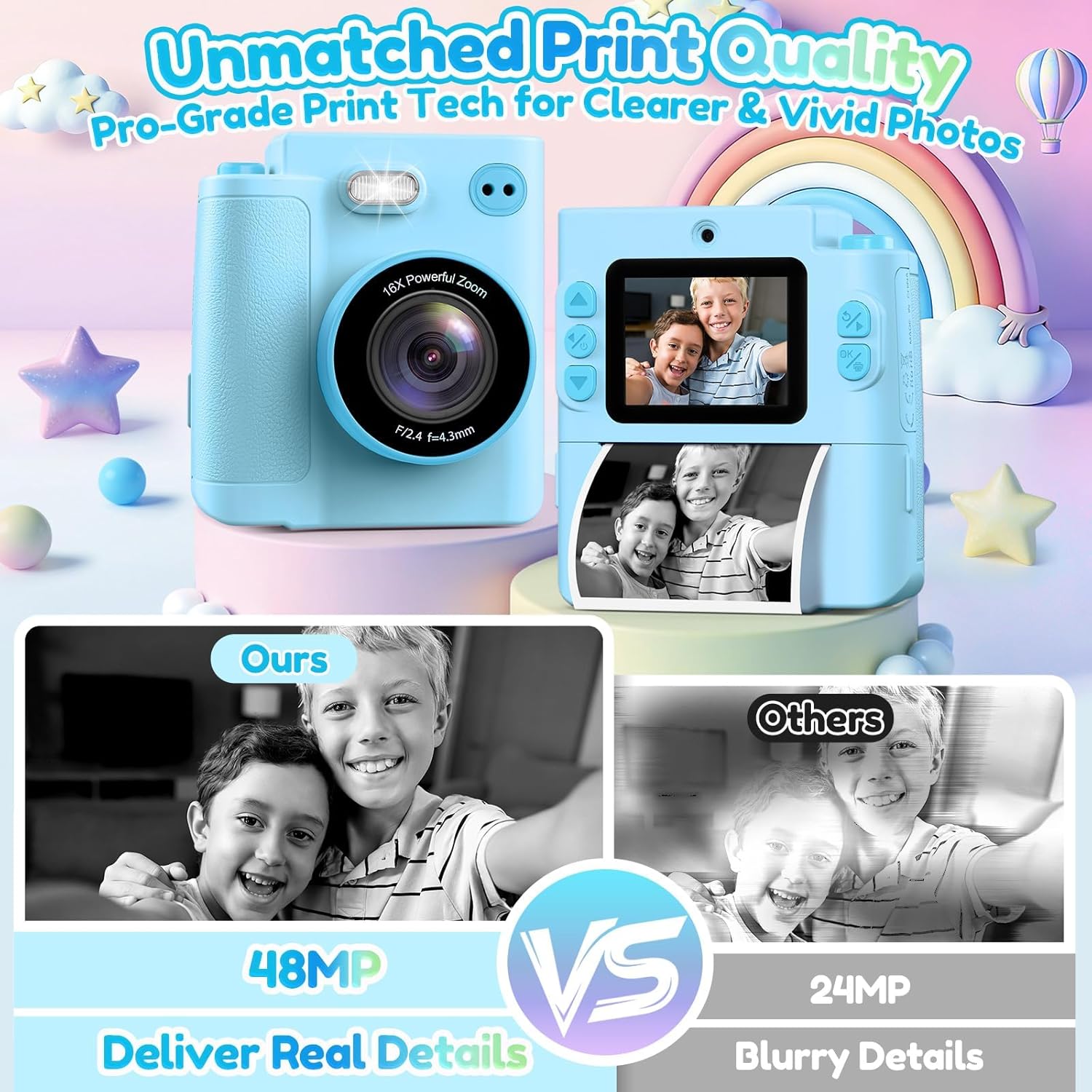 Camera for Kids Instant Print: Toys for Boys Girls Digital Camera that Prints Photos Dual Lens Birthday Gift for Kids Teen Boy Ages 3 4 5 6 7 8 9 10 11 12 Xmas Valentines Gifts Blue