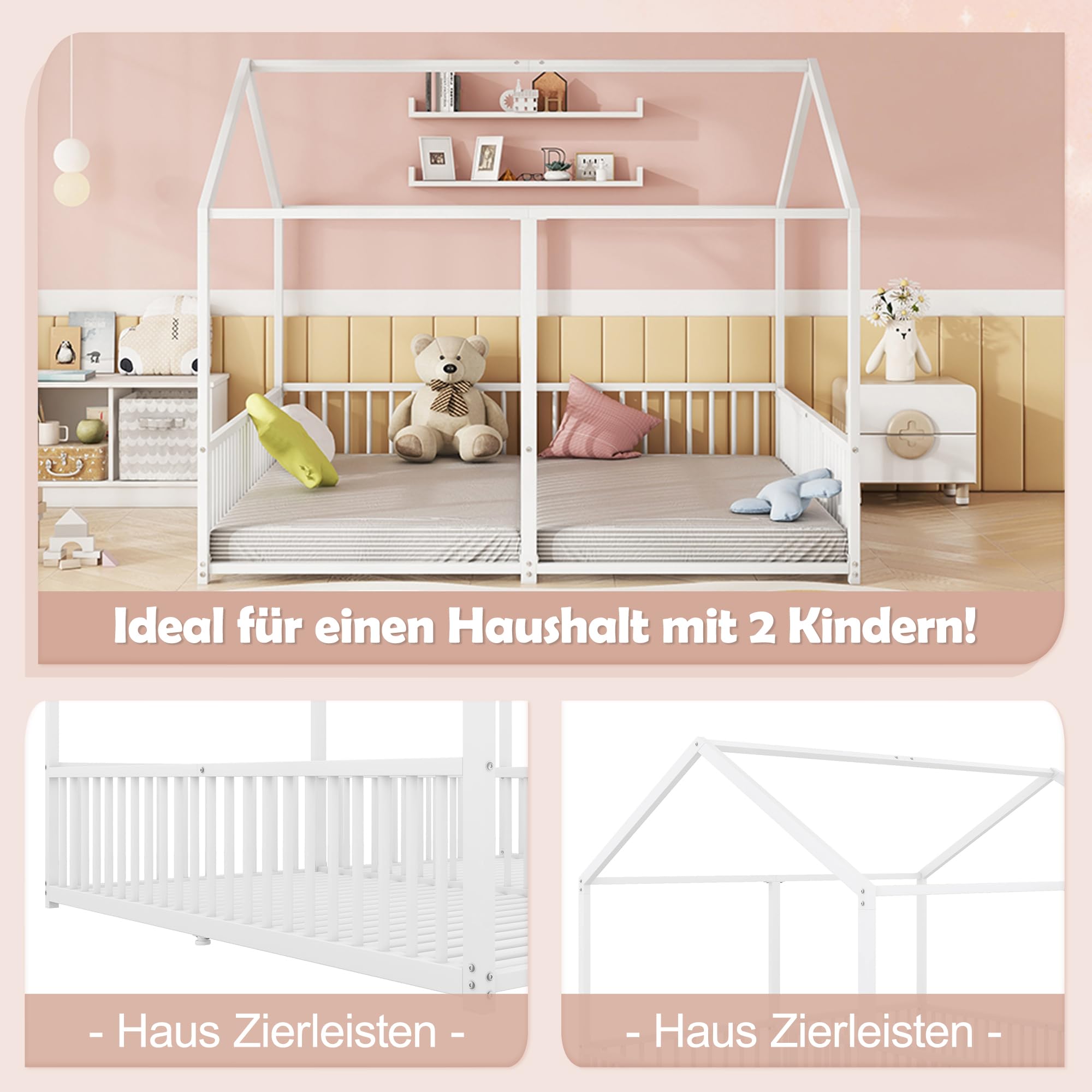 Letto per bambini 90 x 200 cm Due letti da 90 cm con protezione anticaduta, Letto a casa Letto a pavimento Letto gemellare con design a forma di casa, Letto per bambini Telaio in ferro