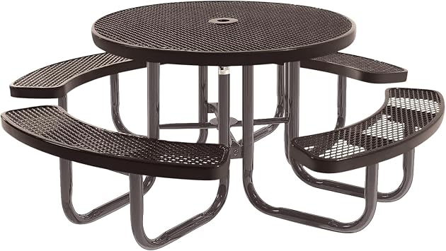 COATEDOUTDOORFURNITURE Heavy-Duty Portable Outdoor Picnic Table with Umbrella Hole, Expanded Metal Commercial-Grade Patio Dining Furniture Made in America 46" Round Top, Brown with Brown Frames