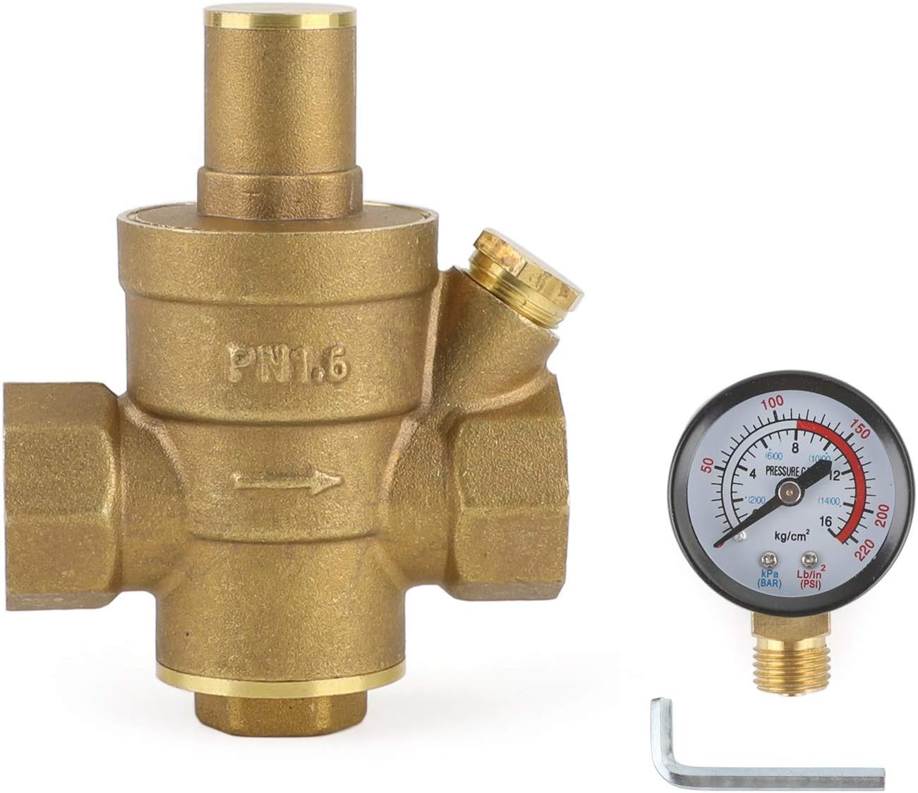 DN15 Brass Adjustable 1/2" Water Pressure Regulator Reducer With Gauge Meter