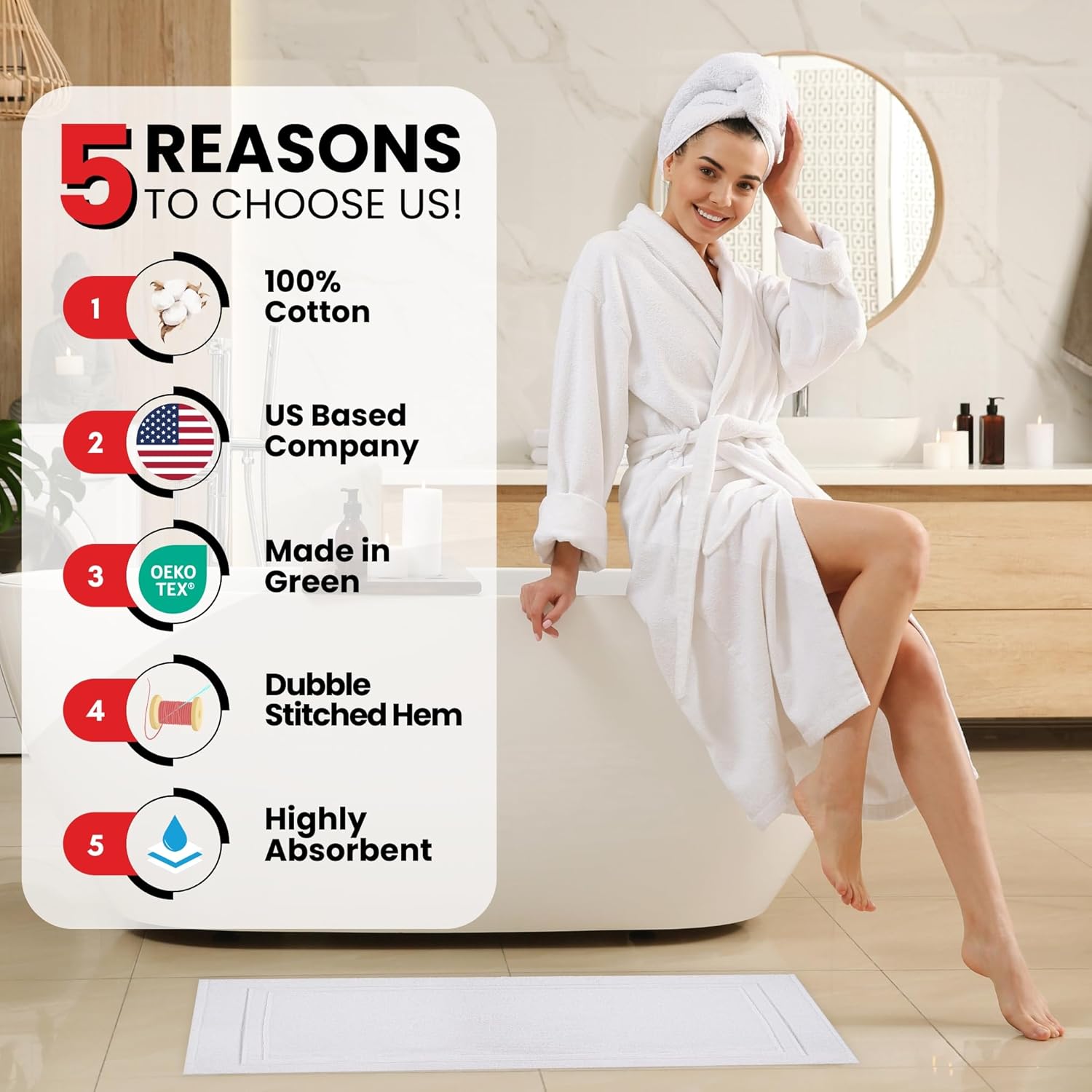 Infinitee Xclusives White Hand Towels for Bathroom - Set of 6 (16x28 inches) 600 GSM - 100% Cotton Luxury Bath Towels Set of 2 (27x54 Inches) - Premium Cotton Bath Mats for Bathroom – Pack of 2