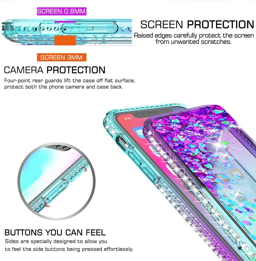 LeYi Compatible for iPhone 11 Case (2019) with Tempered Glass Screen Protector [2Pack] for Girls Women, Glitter Moving Quicksand Clear Phone Case for Apple iPhone 11 6.1 inch, Teal/Purple