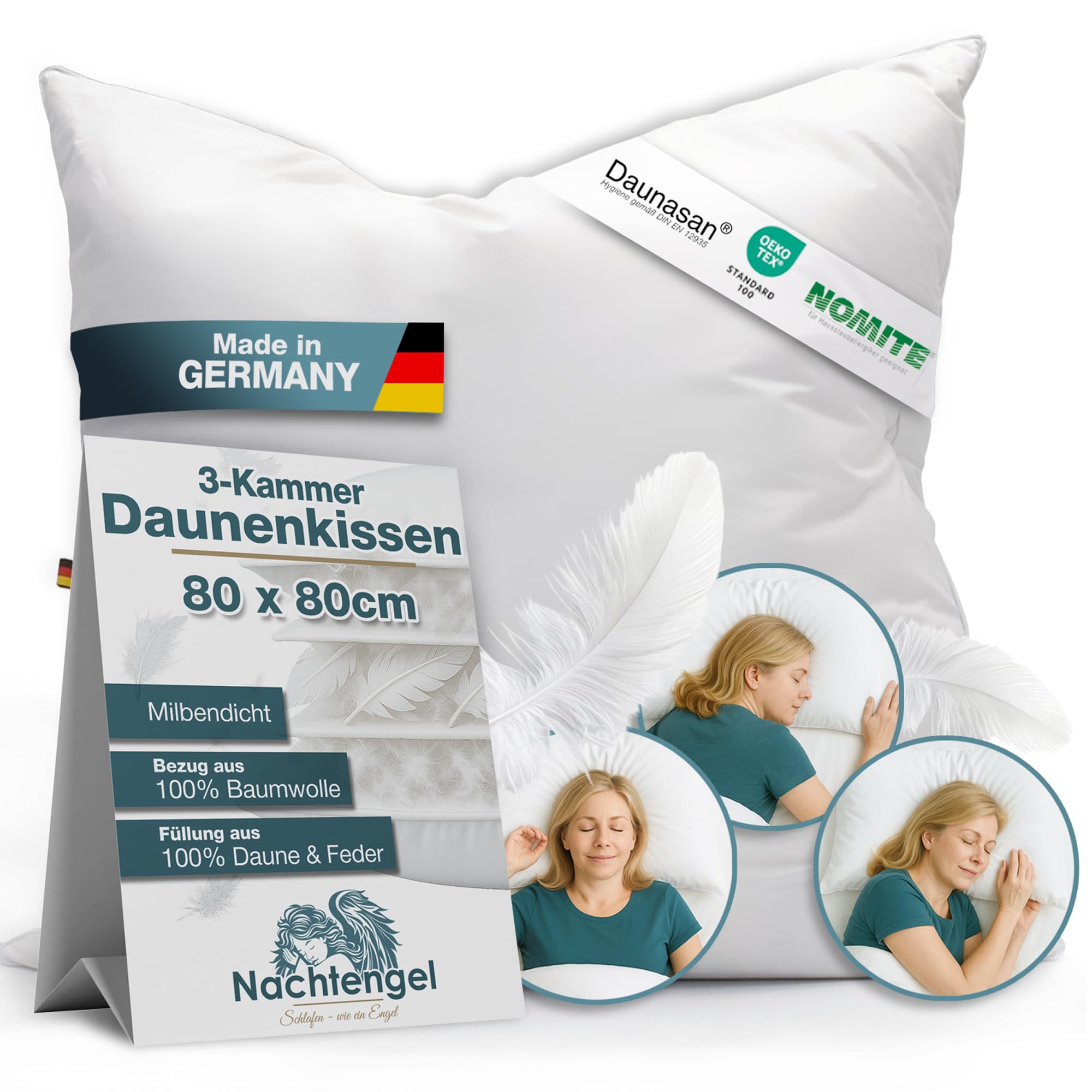 Nachtengel DAUNENKISSEN 80x80 – 3-Kammer Kopfkissen aus Daunen & Federn – Weiches Federkissen im Hotelstil, atmungsaktiv – Made in Germany – Medium, Füllgewicht 1300g