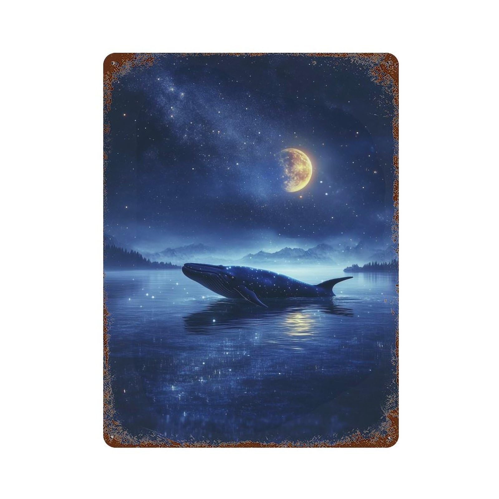 Garage Style Lonely Whale In Moonlight Rust Effect Tin Sign 15.7"x11.8", Farmhouse Wall Decor for Bar And Workshop