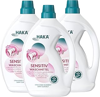 HAKA Sensitiv Waschmittel, 3x 2 L (198 WL), für Allergiker & sensible Haut, für bunte & empfindliche Wäsche, Baby Waschmittel, parfümfrei, vegan, haut- & umweltfreundlich