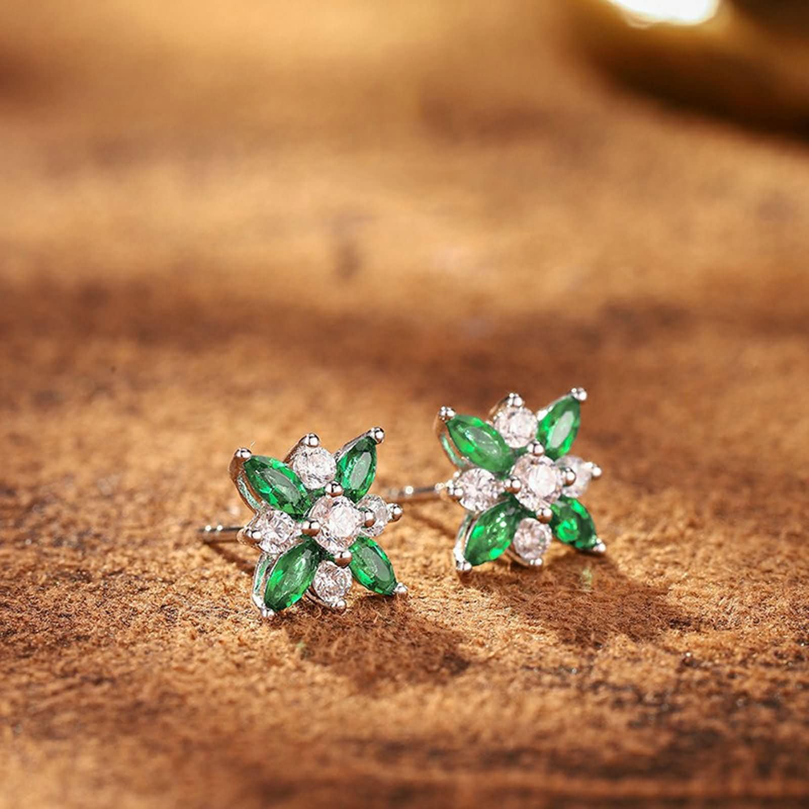Weißgold Ohrringe 9K / 14K / 18 Karat für Damen, Blume mit Erstellter Smaragd 0,4 Karat und Moissanit, Durchzieher Damen Ohrringe Silber Grün