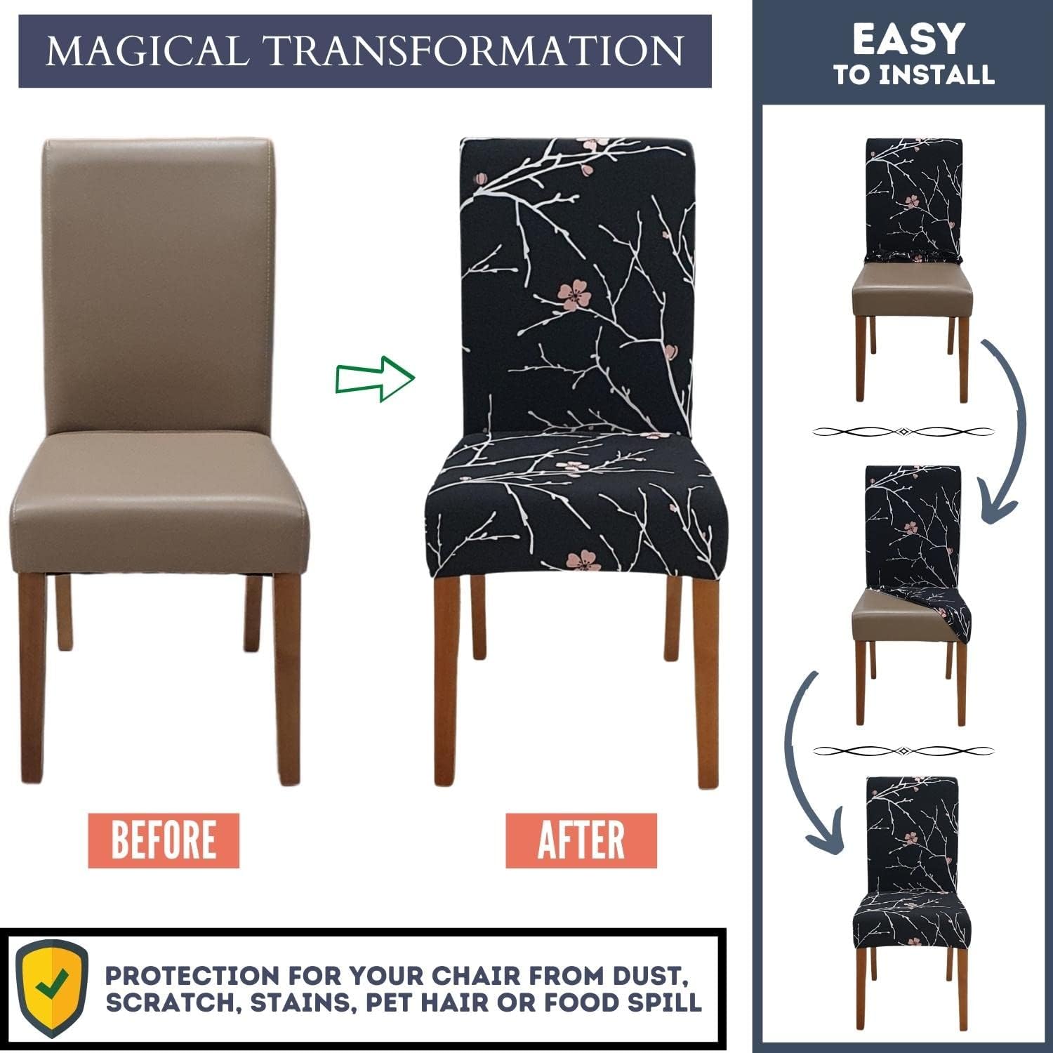SPRINGRICO Chair Covers for Dining Room 6 Pack, Stretch Dining Chair Cover, Washable Spandex Kitchen Parsons Chair Slipcovers, Removable Seat Protector for Home or Party (Set of 6, Flourish Black) image 4