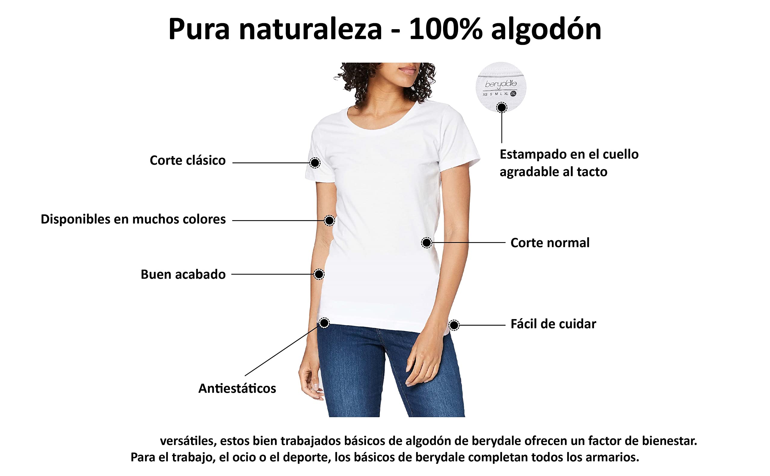 berydale Camisetas Mujer, 100% Algodón, Cuello Redondo (Paquete de 3 y Paquete de 5)