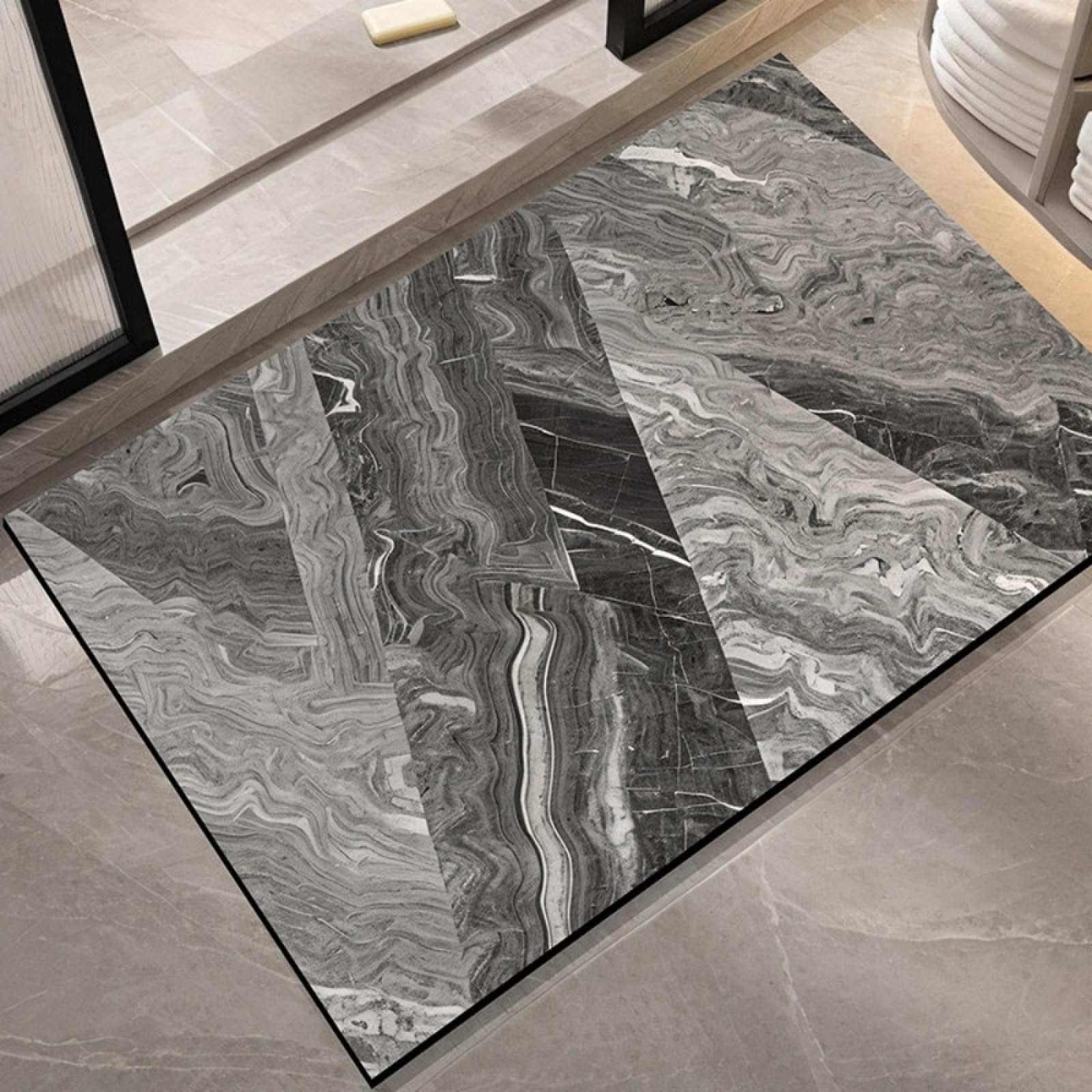 Alfombra Baño Diatomita Mármol Gris Negro Secado Rapido, Agua Súper Absorbente Alfombrilla De Baño Antideslizantes,Suave Y Acogedora