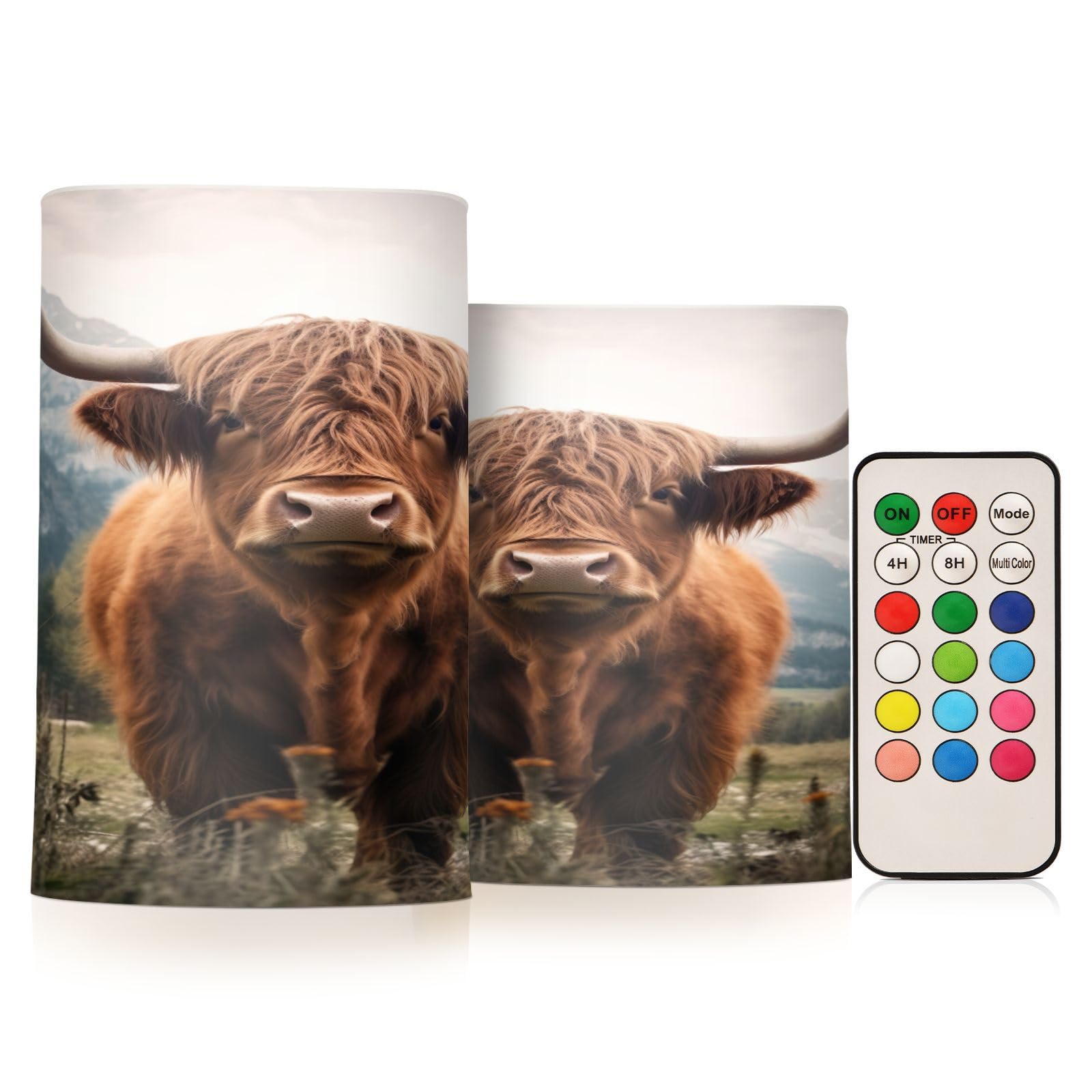 Kigai Highland Cows Flameless Candles with Remote Control and Timer,Battery Operated LED Pillar Candles Adjustable Brightness for Ourdoor Indoor Use,Home Decor,2 Pack