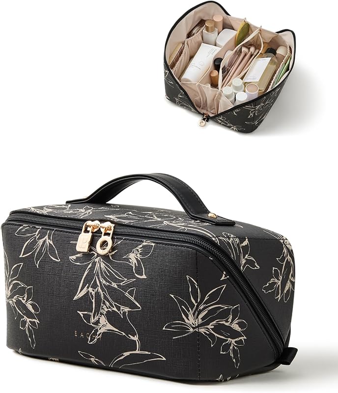 Necessaire de maquiagem EACHY com estampa floral, preta, grande