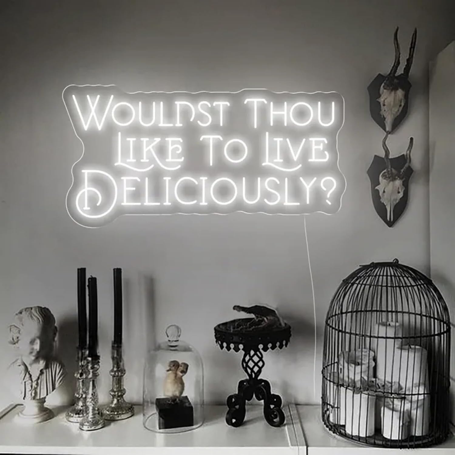 Wouldst Thou Like to Live Deliciously?Live Deliciously Neon Sign, Vintage Font Decor,Goth Room Decor,Gothic Horror Sign,Gothic Halloween Sign, Encouraging Light, Pink Led Light for Bedroom, Club