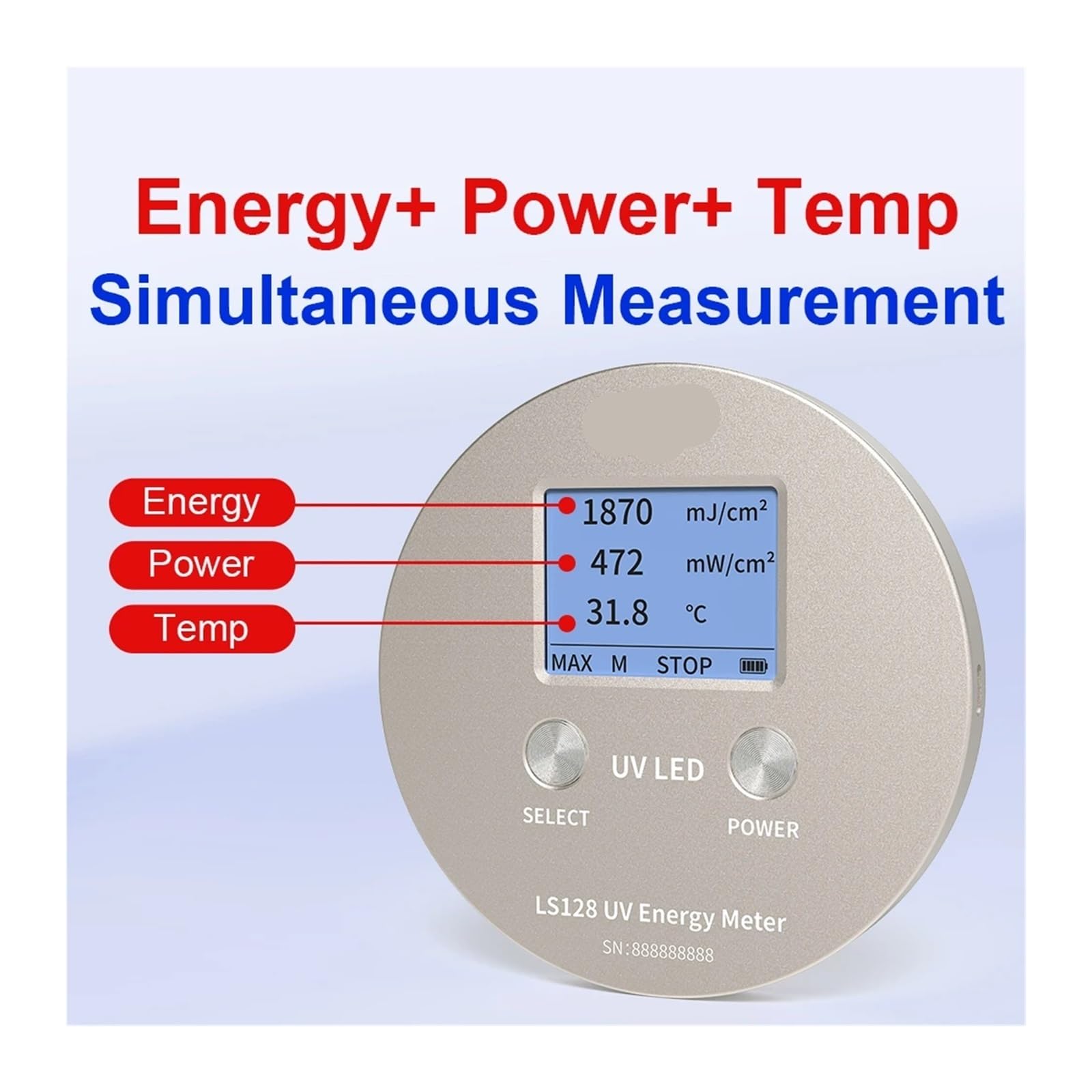 Radiómetro UV, medidor de intensidad UVLED, portátil energía, radiómetro luz curado, alta precisión 340 nm a 420 LS128 Alta precisión