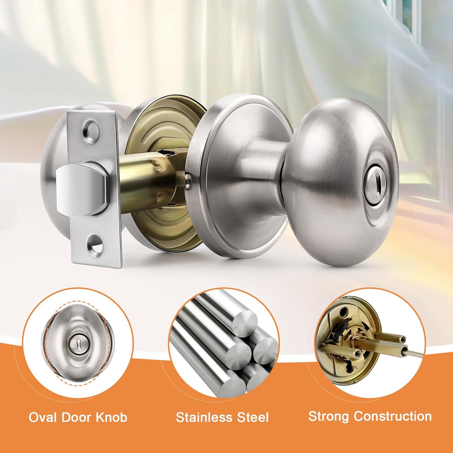 Gobrico 4 Pack Brushed Nickel Privacy Door Knobs Oval Style Door Knobs Keyless Interior Door Handles Egg Shaped Door Knobs for Bedroom/Bathroom