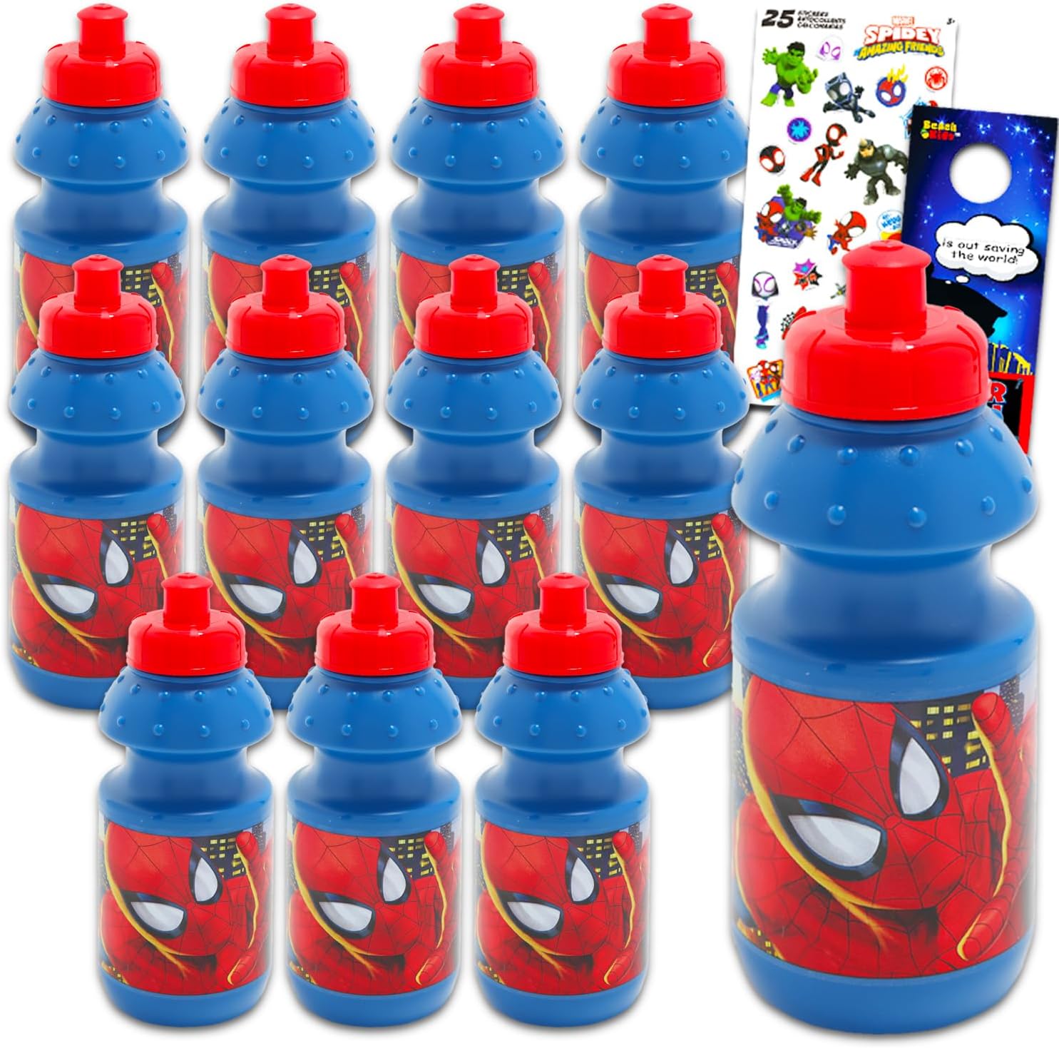 Spiderman Kids 11 Oz Reusable Water Bottle Set – Part Favor 12 Piece Bundle with Bulk Bottles with Pull Top Lids Plus Stickers for Kids