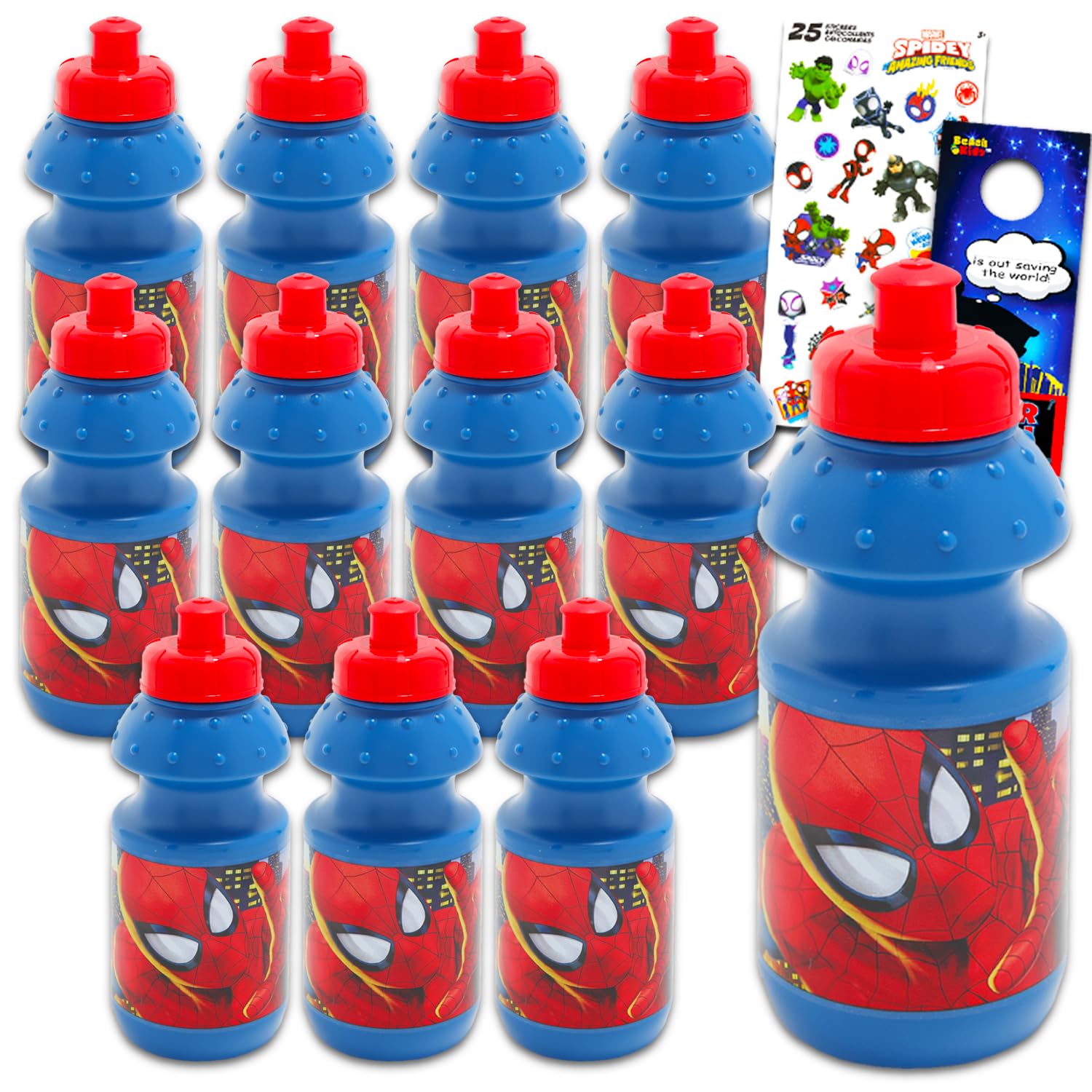 Spiderman Kids 11 Oz Reusable Water Bottle Set - Part Favor 12 Piece Bundle with Bulk Bottles with Pull Top Lids Plus Stickers for Kids