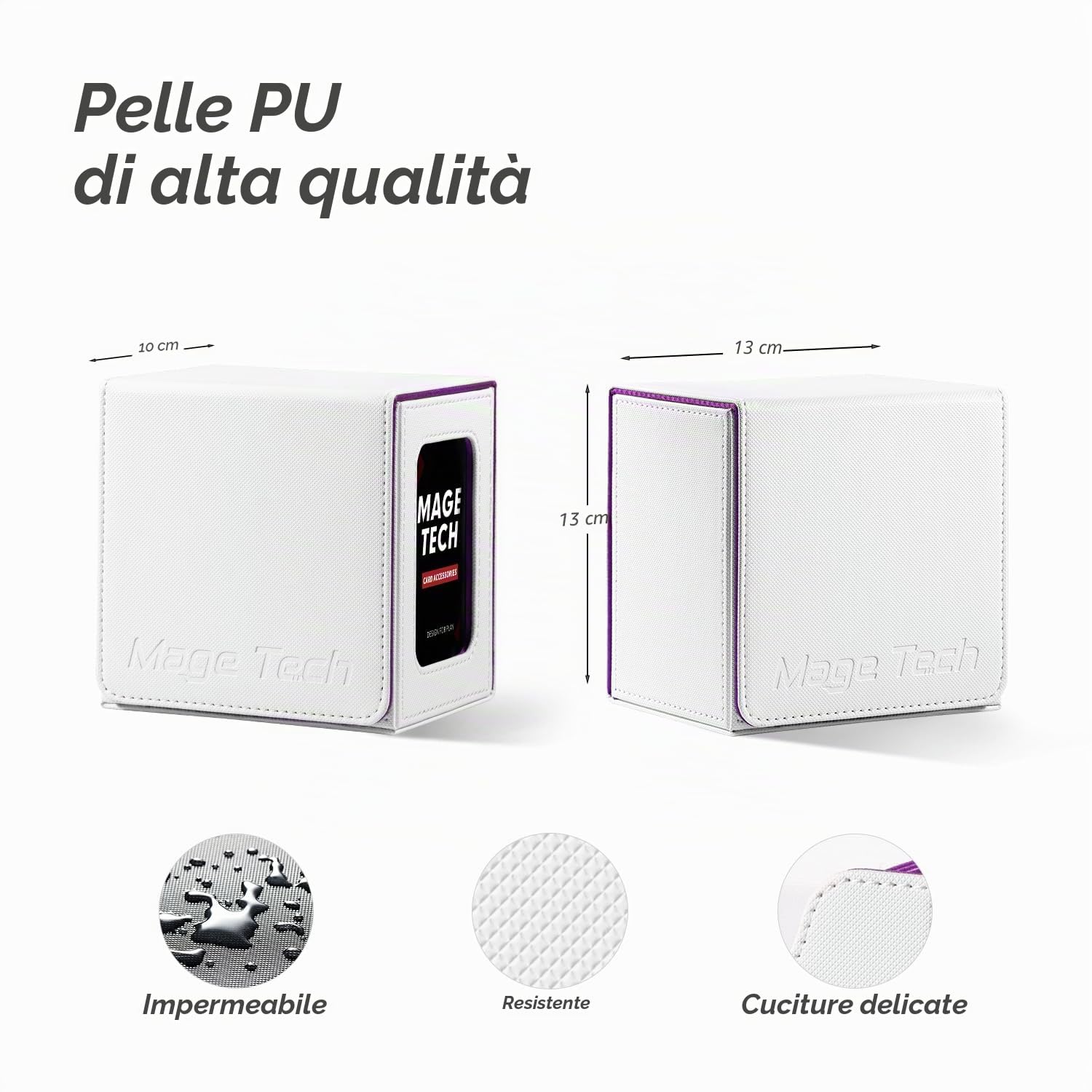 Mage Tech Scatola per Mazzo di Carte per MTG Commander - Design Brevettato, Display per Commander, Adatta per 100 Carte con Doppia Custodia, Scomparto per Dadi da 35pt - Bianco/Porpora