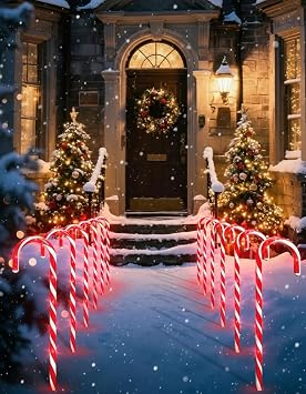12 Pack Candy Cane Christmas Decorations, Outdoor Christmas Pathway Lights Decorations with Warm LED Glow, Waterproof Xmas Path Markers for Yard Patio Walkway