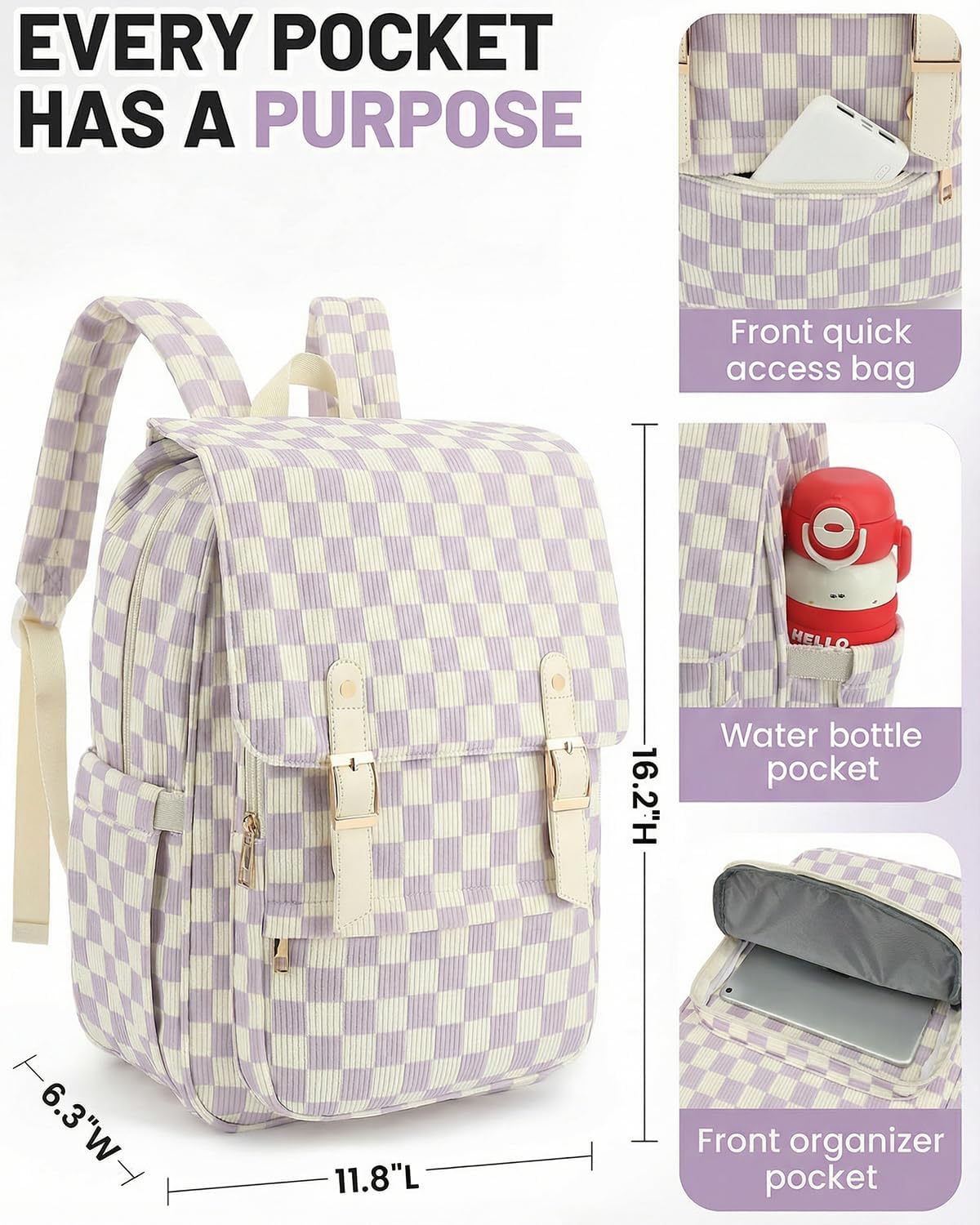 Corduroy Laptop Backpack for Women, Fits 15.6 Inch Computer Bag, College High School Bookbag Travel Daypack Purse, Work Business Bags - Corduroy Checkered Purple - Image 3