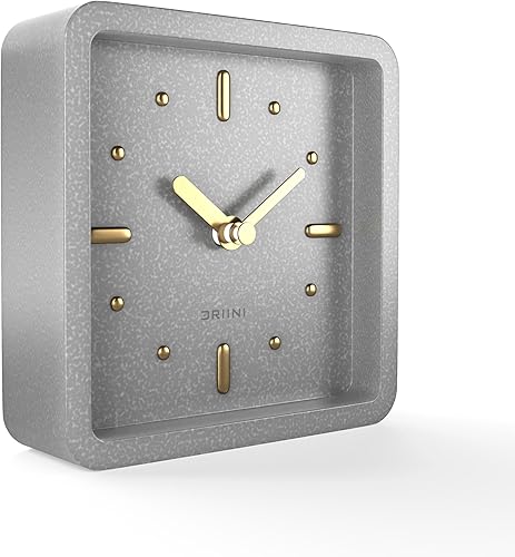 Driini Moderno reloj de escritorio y estante de mediados de siglo (gris y dorado), funciona con pilas con movimiento analógico silencioso, pequeños