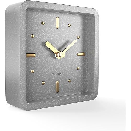 Driini Modern Mid Century Desk & Shelf Clock (Gray and Gold) - Battery Operated with Silent, Analog Movement – Small Tabletop Clocks for Office – Perfect for Mantle, End Table, Desktop or Nightstand