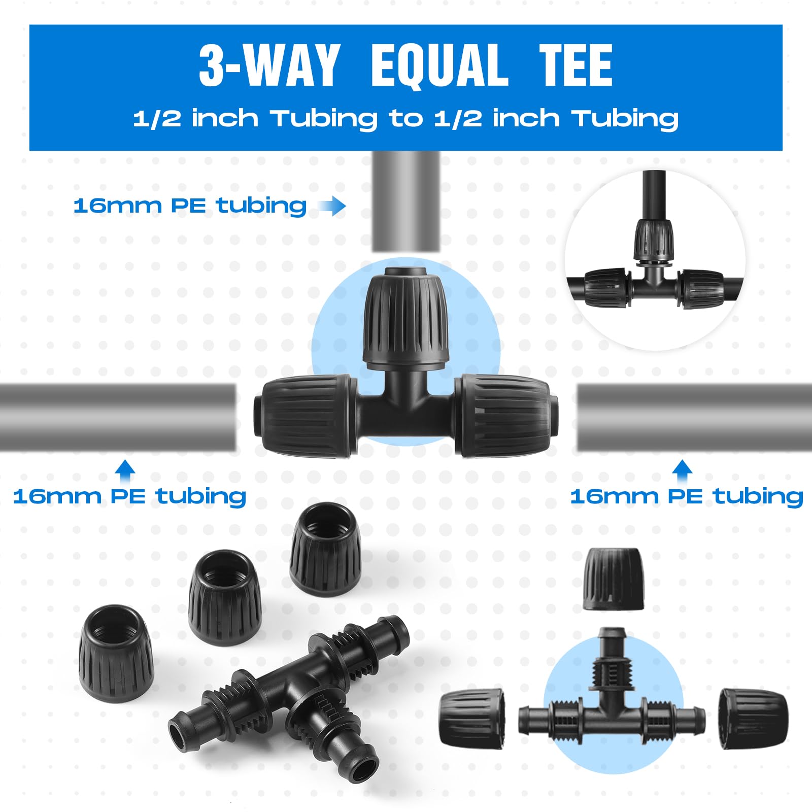 Frienda 40 tubos en T con bloqueo de riego por goteo de 1/2 pulgada (1/2 pulgada de diámetro interior x 0.6 a 0.6 pulgadas de diámetro exterior), accesorios de riego por goteo de 16 mm, piezas de