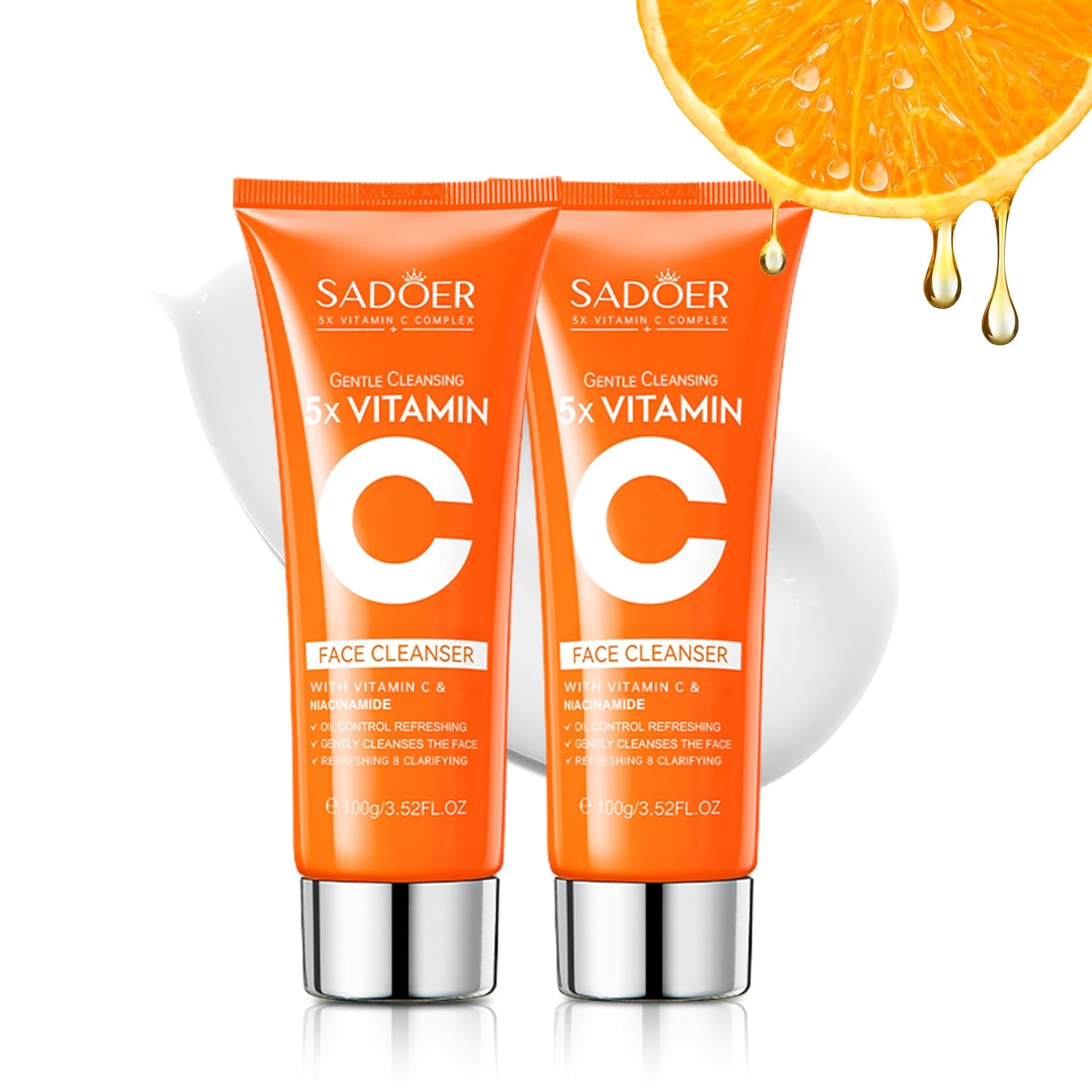 5X Vitamin C Face Cleanser 100g(2 Bottle),SADOER Facial cleanser Niacinamide & Hyaluronic Acid, Gentle Pore Refining Daily Wash for Oily &Dull Skin,Clear,Oil Balancing,TIKTOK Popular Skincare Gift